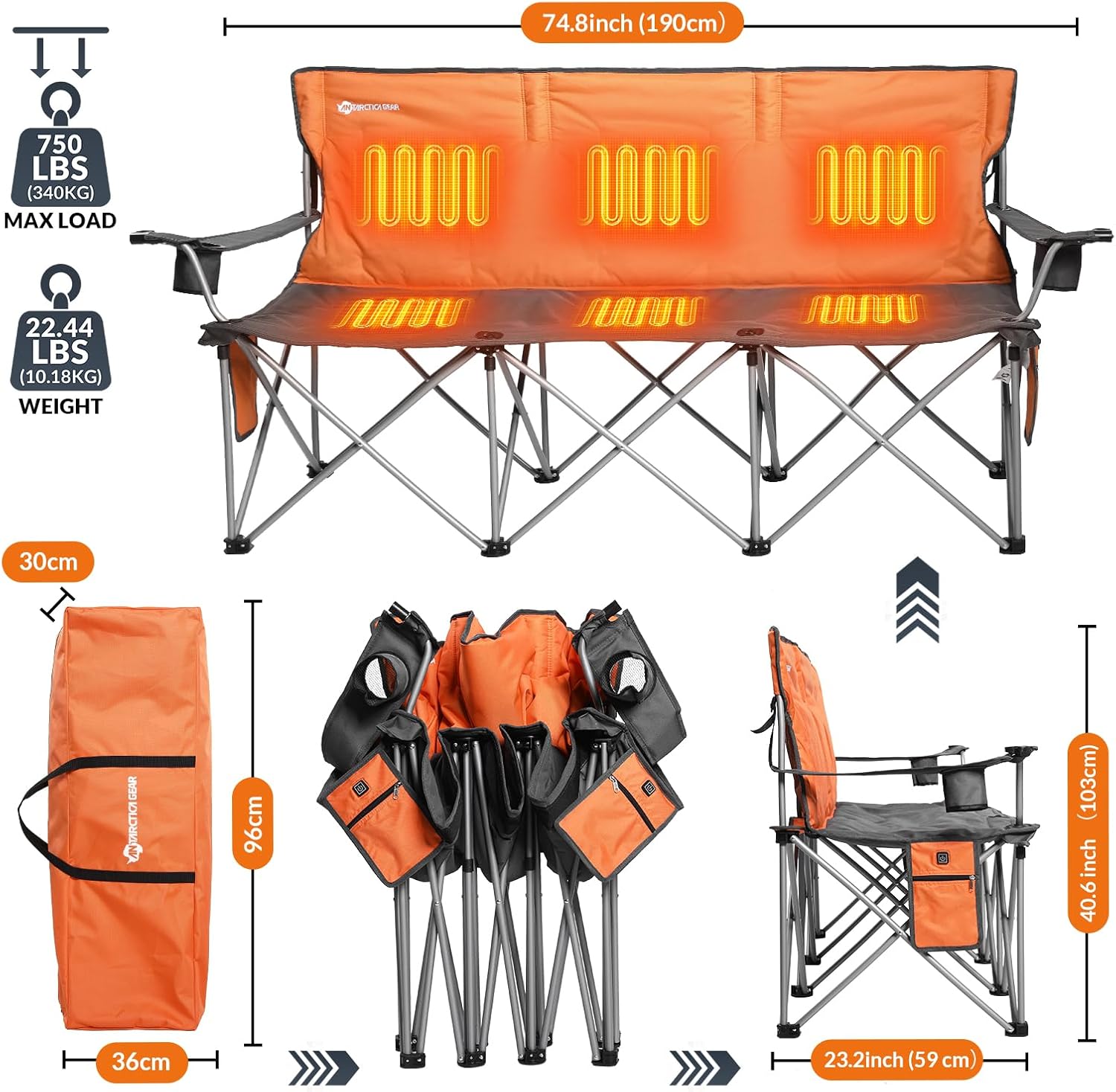 ANTARCTICA GEAR Heated Double Camping Chair with 12V 15000mAh Battery Pack - Heavy-Duty XL Folding Bench for Outdoor, Campsites, Tailgating - Portable Heated Seating with Adjustable Warmth