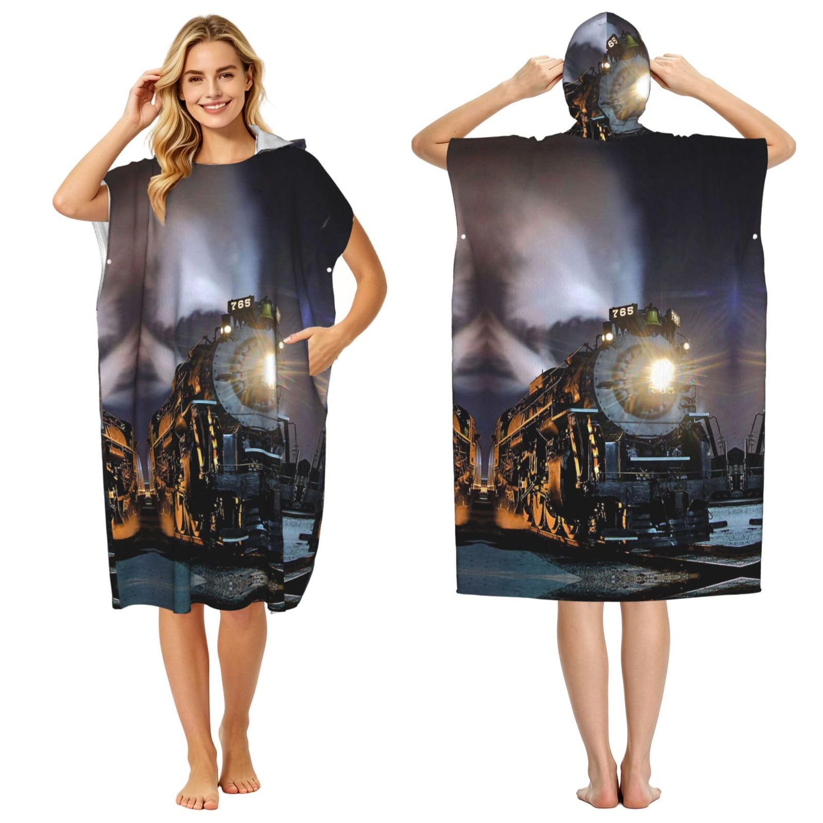 Poncho séchage rapide adulte avec capuche peignoir éponge léger motif train