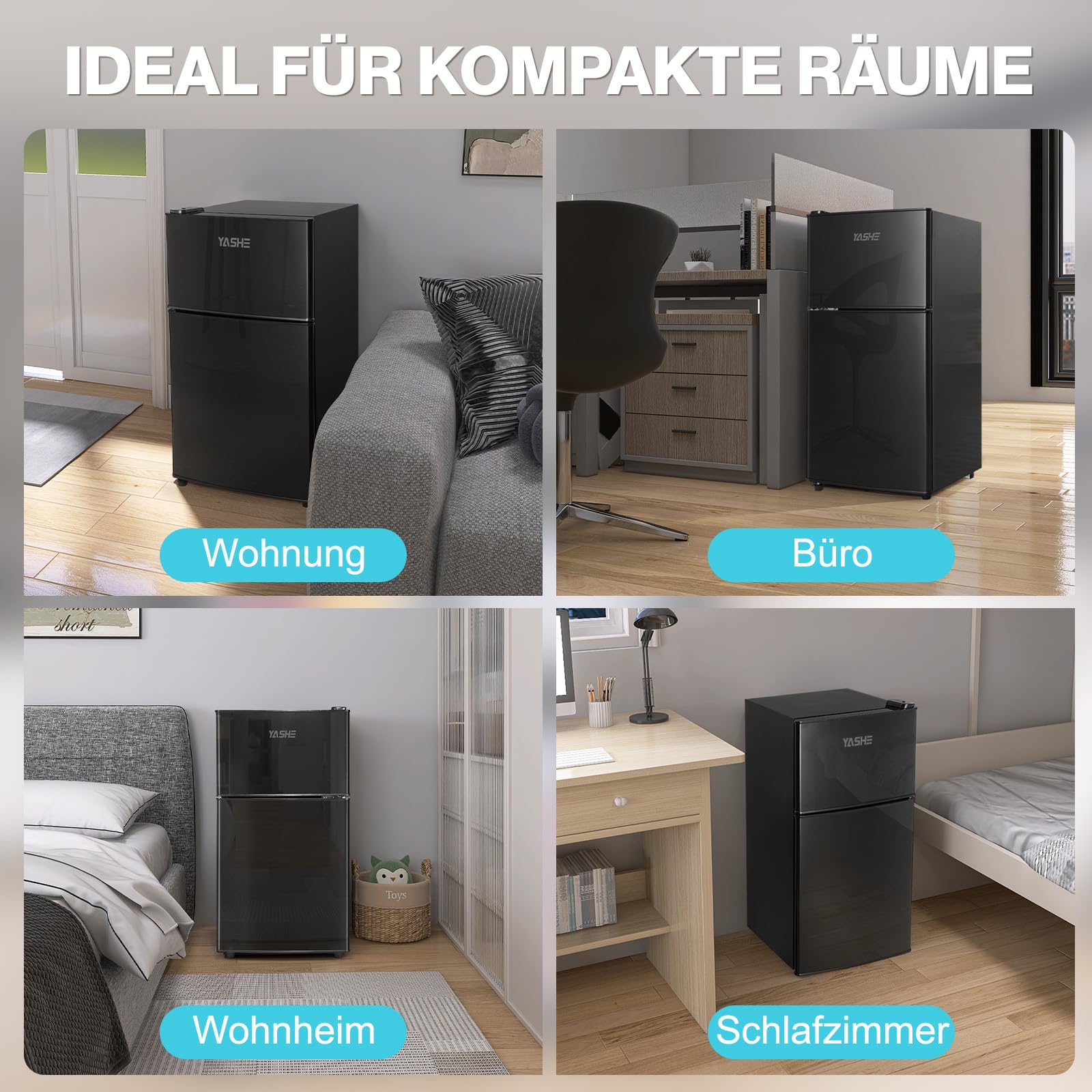 YASHE 86L Mini Kühlschrank mit Gefrierfach - Kleiner Kühlschrank, Doppeltür-Kühlschrank mit verstellbarem Thermostat, 7 Stufen, ideal für Wohnungen, Schlafzimmer, Büros und mehr
