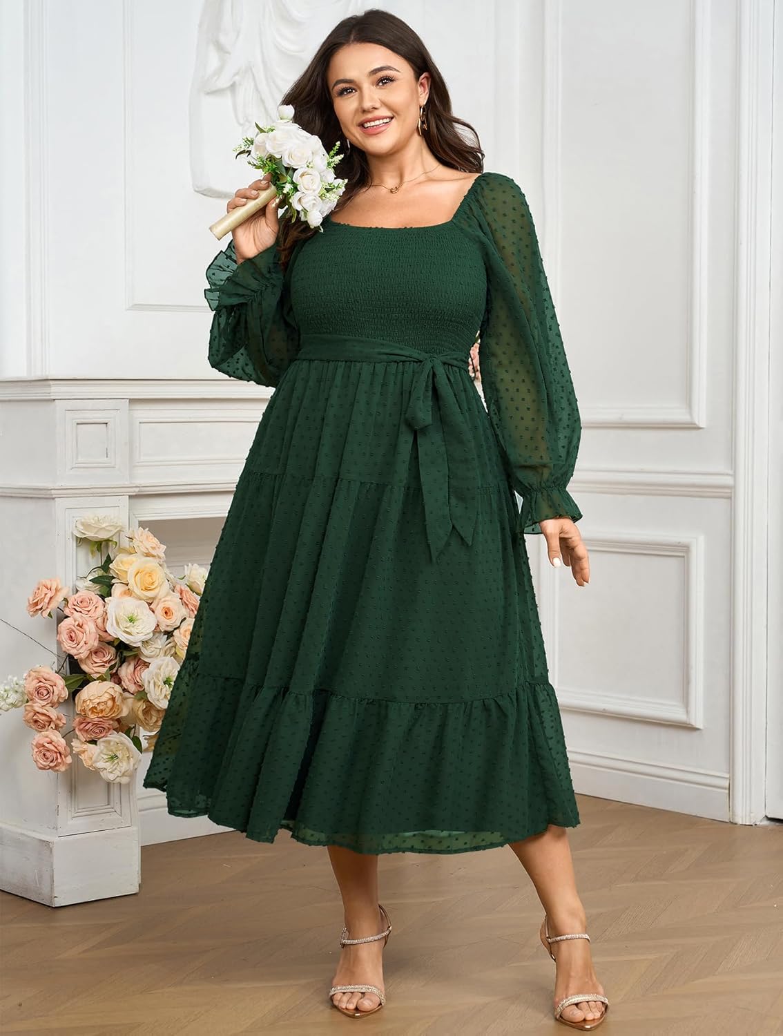 SCOMCHIC Women's Plus Size Dress Long Sleeve Square Neck Swiss Dot Chiffon Smocked A Line Ruffle Cocktail Maxi Dresses - Image 4