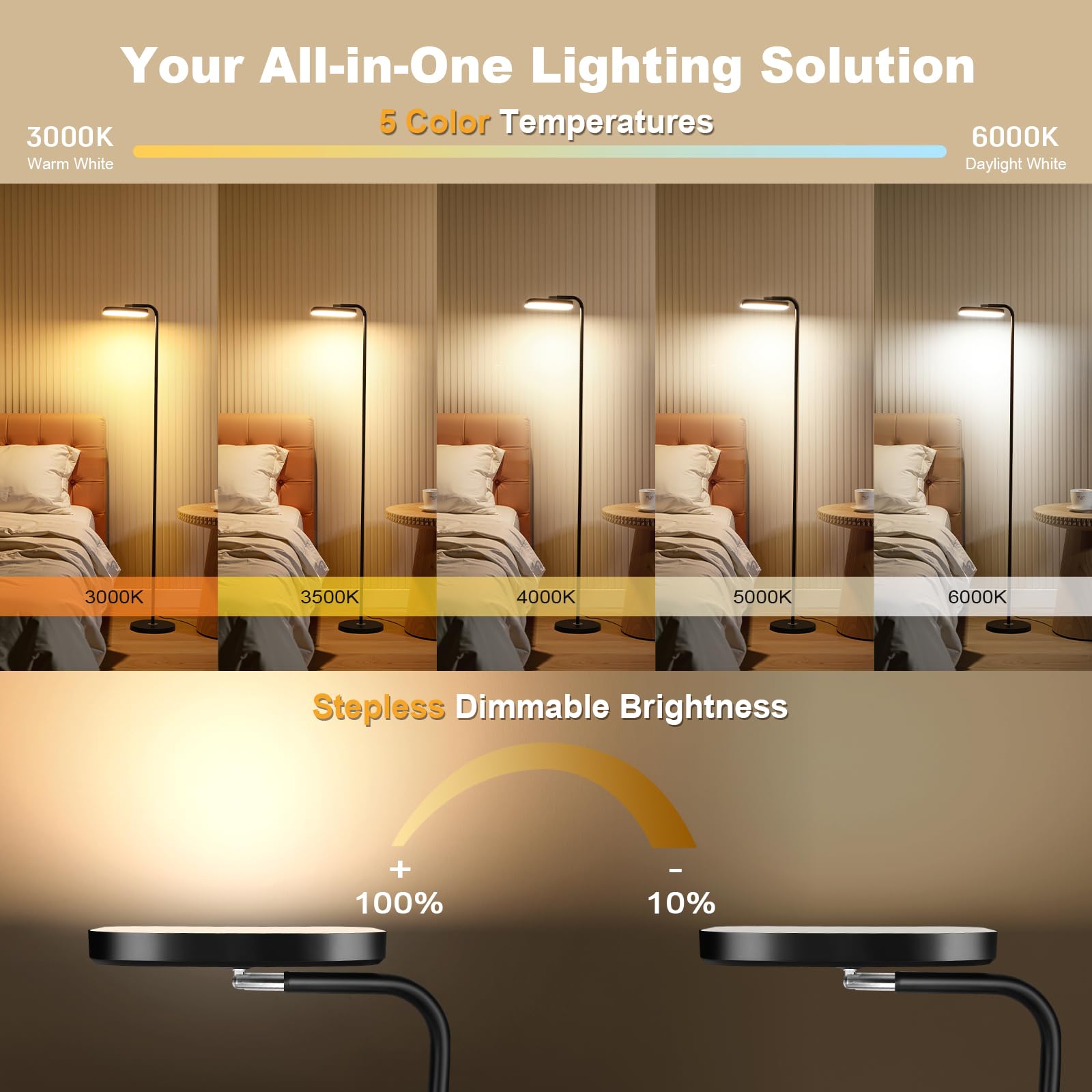 Lámpara de Pie LED Regulable 36W 3200LM con Mando y Control Táctil - 5 Temperaturas Color - Luz para Leer Ajustable 360° en Salón, Dormitorio, Oficina - Negro