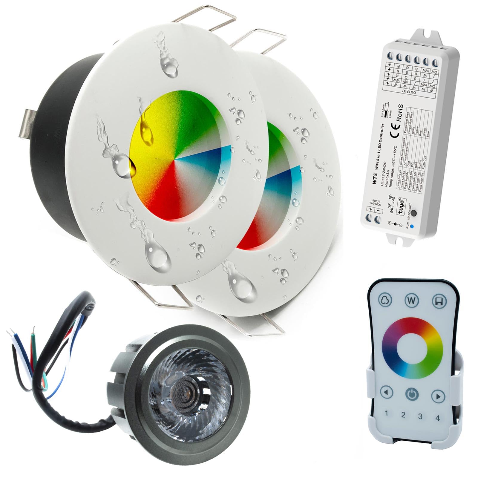 [Kit professionale 2 Faretti LED RGBW IP65 24V] Kit 2pz led 6x2w 12w cromoterapia box doccia sensoriale bagno turco sauna IP65 RGB 24V faretti incasso Dimmerabile giochi luce effetti (bianco)