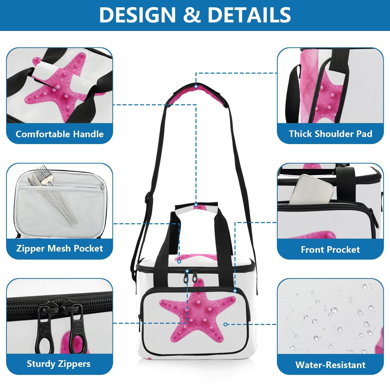 Wudan Blush starfishes Shell Coastal handheld cooler tote 600D Oxford Fabric Potluck Party Office Workers