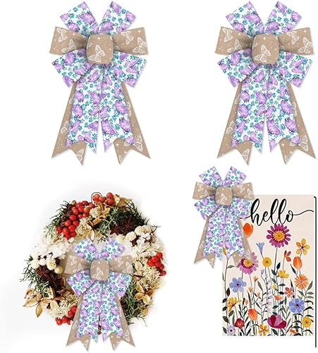 2 lazos de primavera de lavanda morada para corona, lazos de corona de mariposa vintage de primavera, lazos florales idílicos románticos para puerta