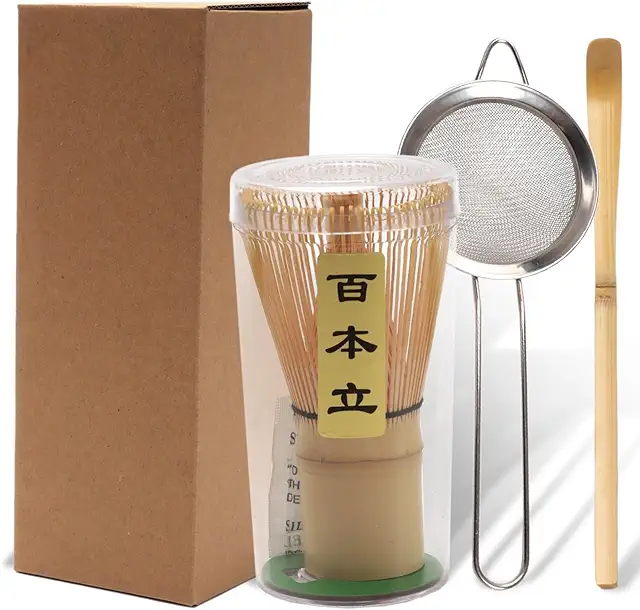 3PCS Matcha Whisk Set with Bamboo Chasen, Scoop & Stainless Steel Sifter