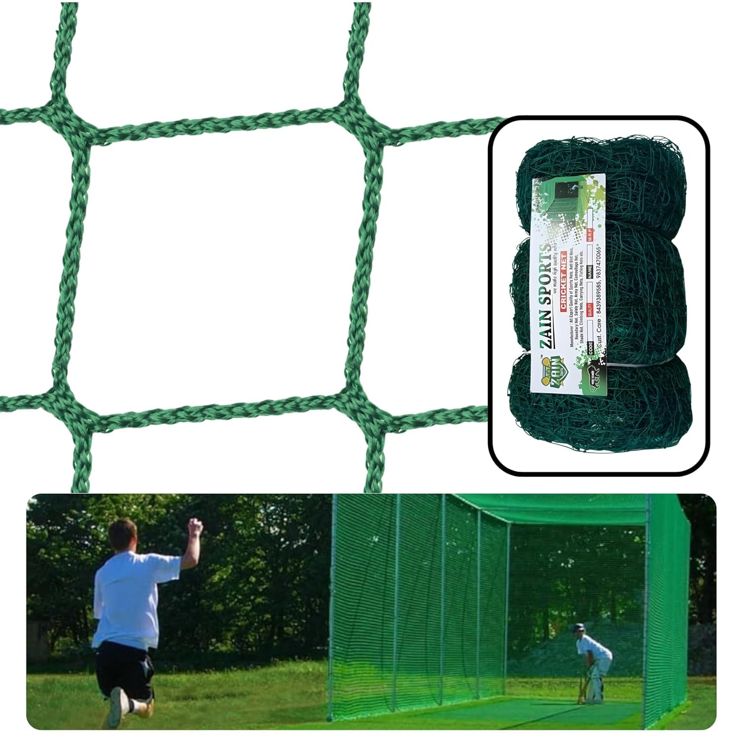 Zain Sports Cricket Batting Practice Net, Nylon Green Net 0.75mm - Thickness, Best Sports Net for Outdoor Backyard Training (Green-5x10ft) 1