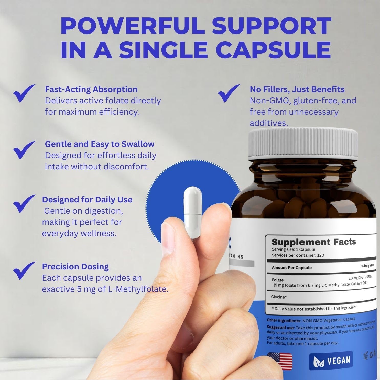L Methylfolate 5 mg | 120 Caps | Value Pack | Max Potency | Active Folate | Gluten Free | Methyl Folate 5-MTHF | No Filler Doctor Designed and Formulated — Amazon image 6