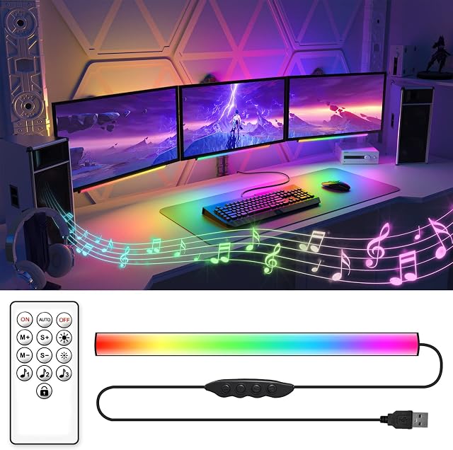 Ferswe Music Sync Gaming Lights, Dreamcolor RGB Light Bar with Remote Control, 5V USB Powered, Dimmable and Speed Adjustable, RGB Color Changing Under Monitor Light Bar for PC, Gaming and Desk