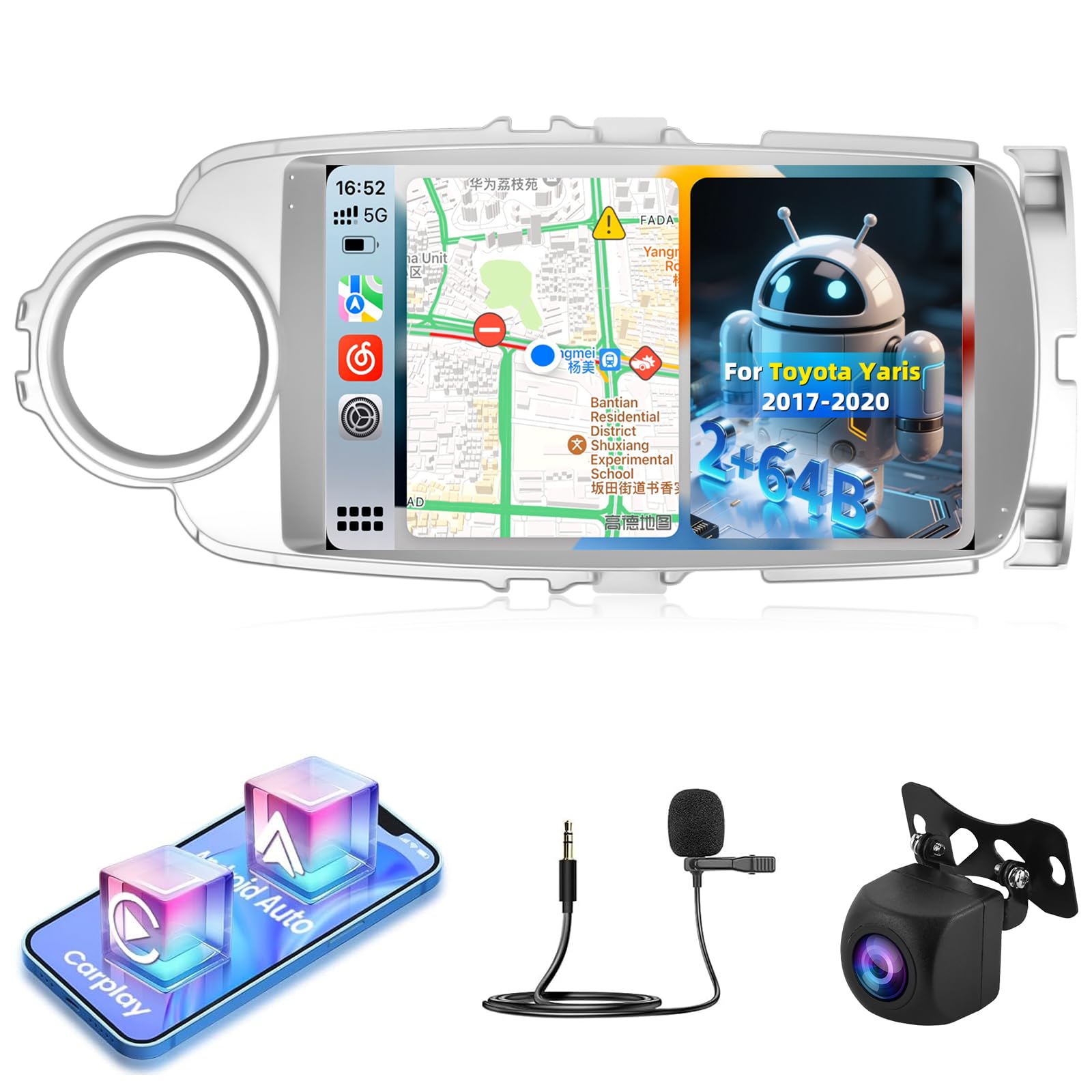 NHOPEEW Autoradio 2+64G per Toyota Yaris 2017-2020 - Carplay senza fili e Android Auto - Stereo Android da 9 pollici con WiFi EQ GPS Mirror Link FM RDS + Telecamera posteriore AHD e microfono