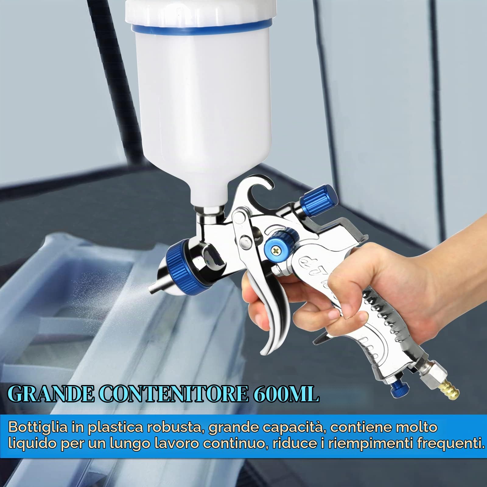 HVLP Pistola a spruzzo ad alta atomizzazione con regolatore di pressione dell'aria Serbatoio vernice da 600 cc e 3 ugelli Pistola Verniciatura per riparazioni di piccoli mobili per auto
