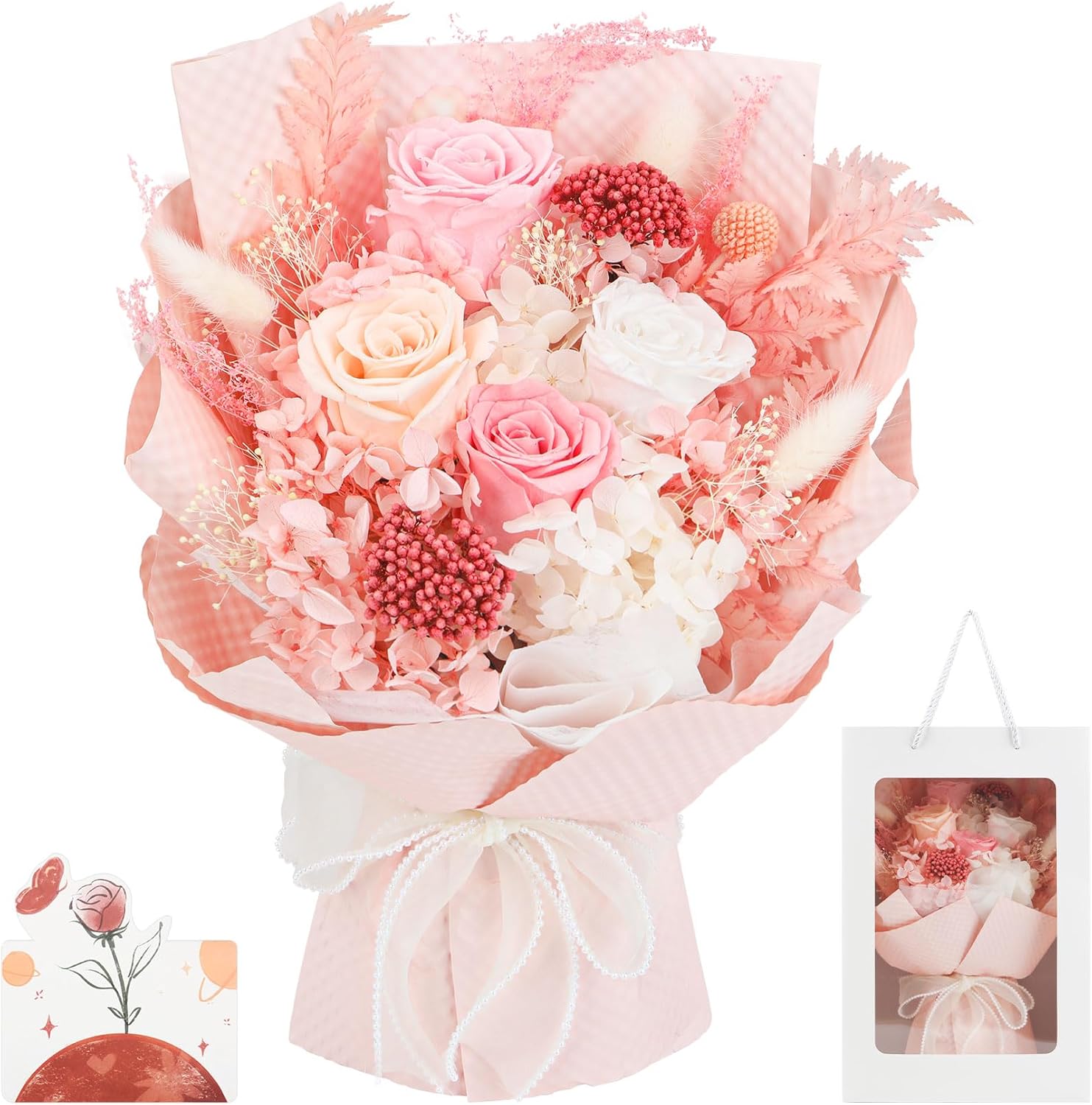 Flowers Gifts for Women, Forever Flower for Delivery, Pink Preserved Flowers Bouquet 4 Roses, Real Looking Flowers Anniversary Birthday Gifts for Mom Wife Thanksgiving Christmas Flower Bouquet