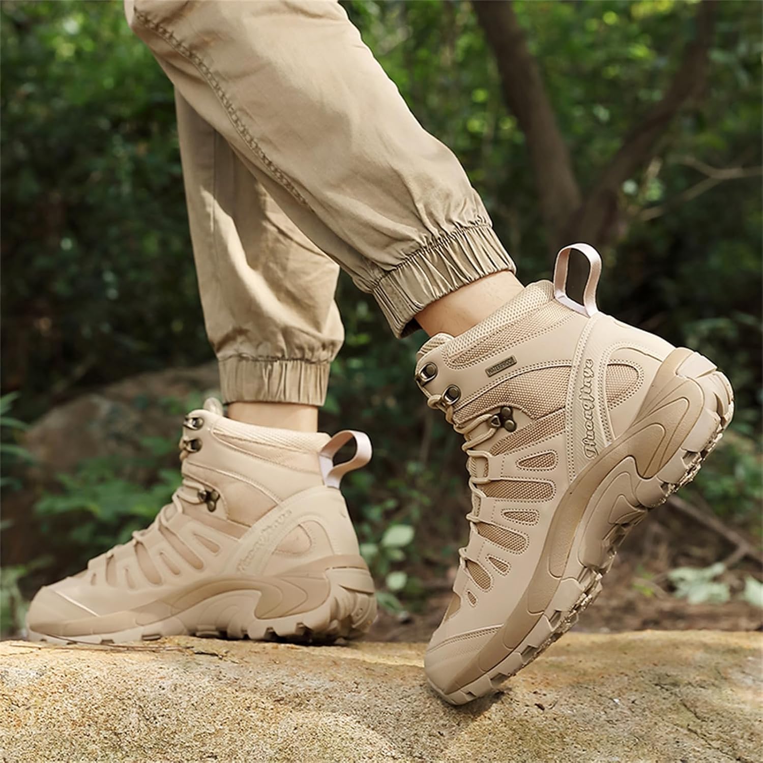 Men's Leather Mid Top Lace Up Waterproof Ankle Hiking Backpacking Boots Casual Round Toe Non Slip Military Tactical Boots for Trail Trekking Camping Walking Hunting Hiking Adventures Outdoor