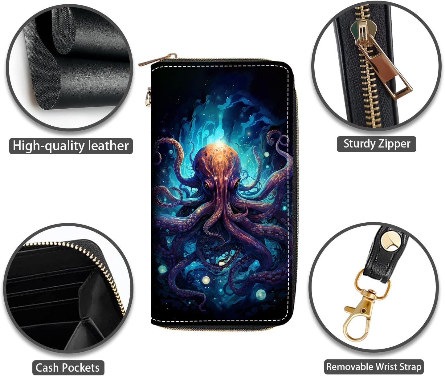 Octopus Print Women Large Capacity PU Leather Zip Around Wallet, Multifunctional Clutch Purse for Cash/Card/Coin/Smart Phone - Image 4
