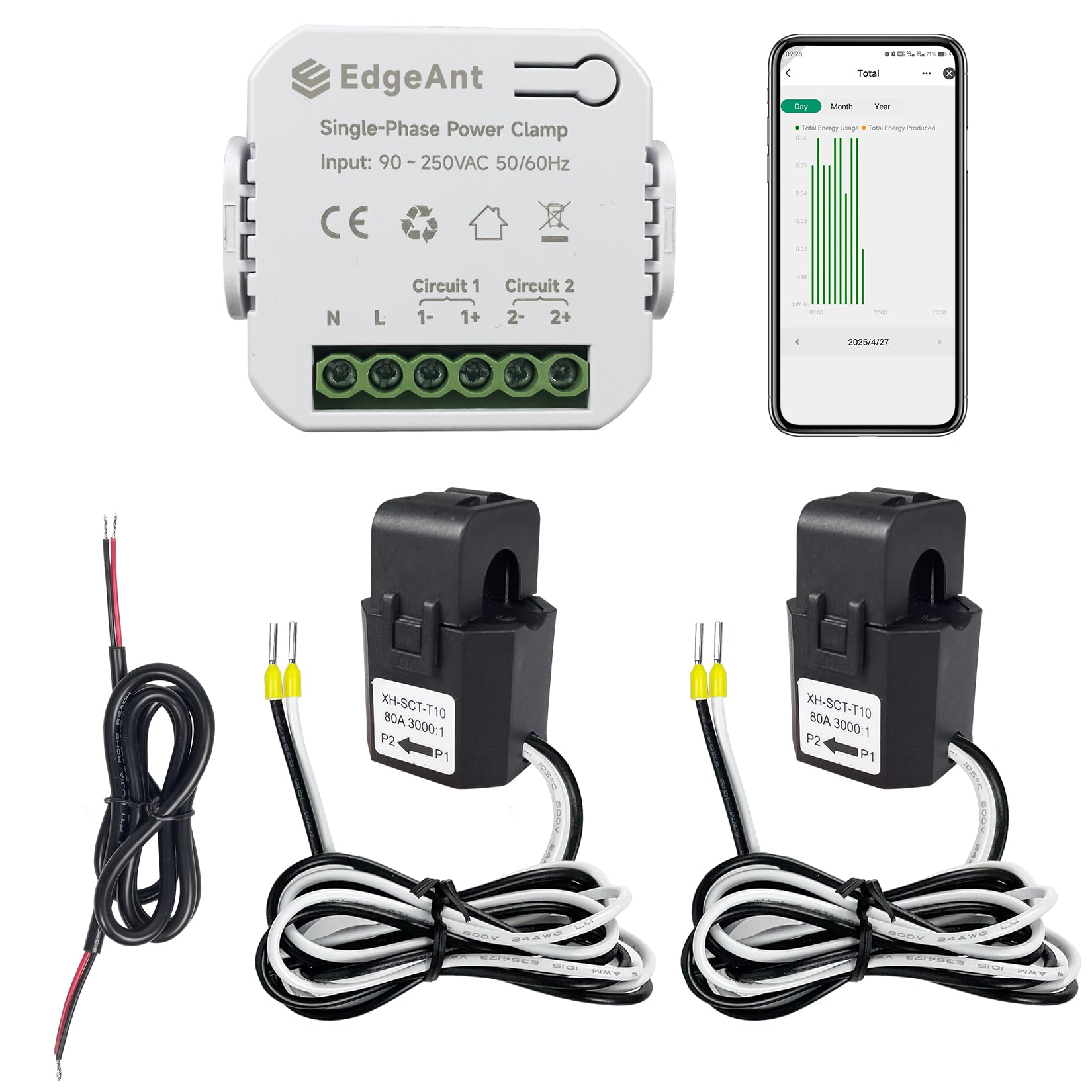 Monitor de energía inteligente, medidor de electricidad monofásico con abrazadera y 2 transformadores de corriente de 80 ACT, WiFi, monitor de corriente en tiempo real, medición solar/red (EPMC311