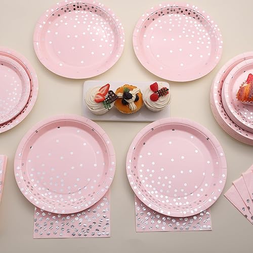 Miniatura 5 de Boocikey 150 platos rosados y servilletas para fiesta, platos de papel rosa desechables para 50 invitados, decoraciones de fiesta rosa y plateado