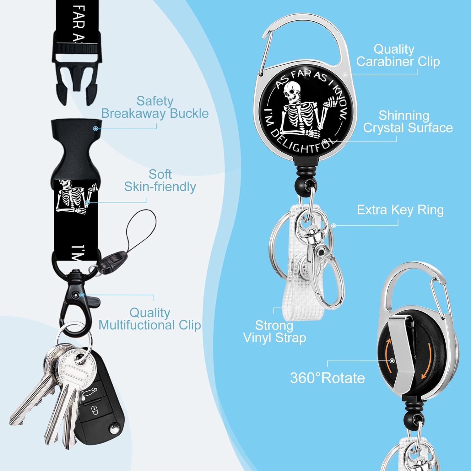 Funny Skeleton Badge Reel Retractable Heavy Duty with 360° Swivel Carabiner Clip, Sarcastic Xray ID Badge Holder with Breakaway Lanyard, ID Card Holder Keychain Name Badge Clip, Nurse Teacher Gifts - Image 4