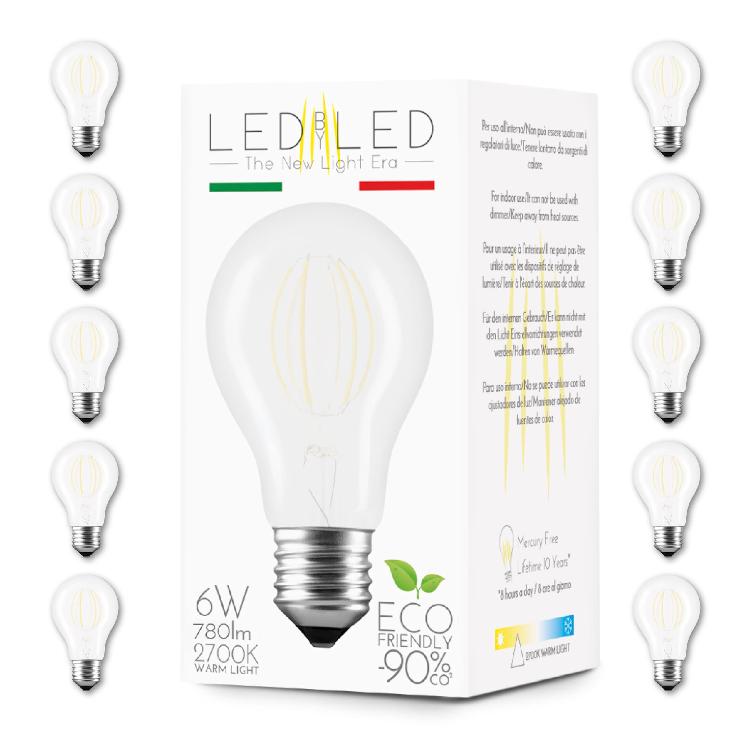Tropfenförmige Glühbirne 6 W entspricht 60 W, E27, mattiertes Glas, 2700 K warmes Licht, gebogener Glühfaden, 780 Lumen, 10er-Pack