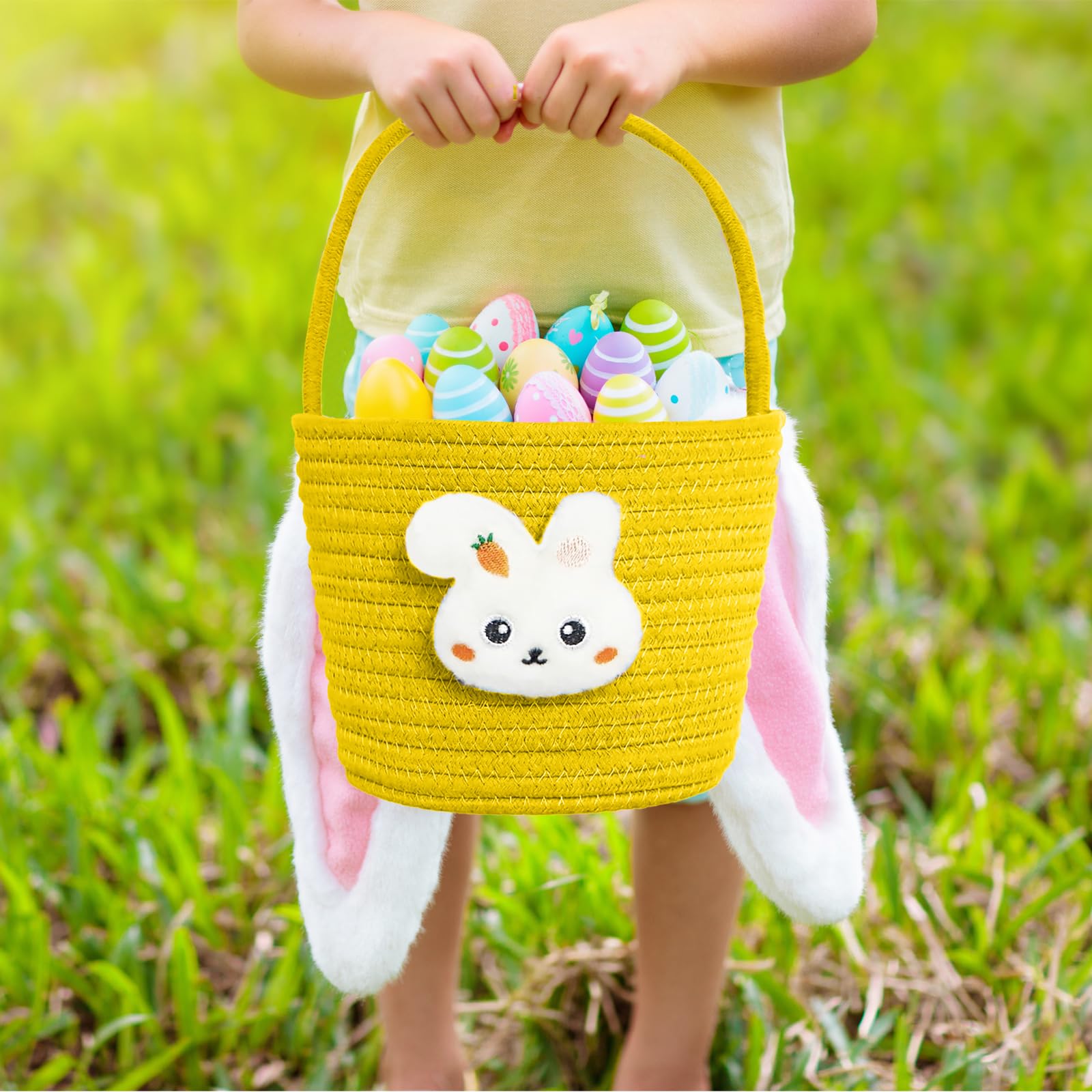 Oster-Geschenkkorb leer mit Geschenktüten und Bändern, Osterhasenkorb, Baby-Geschenkkorb, kleine gewebte Seilkörbe zum Organisieren, Korb zum Verschenken, Aufbewahrungskorb, Behälter, Gelb