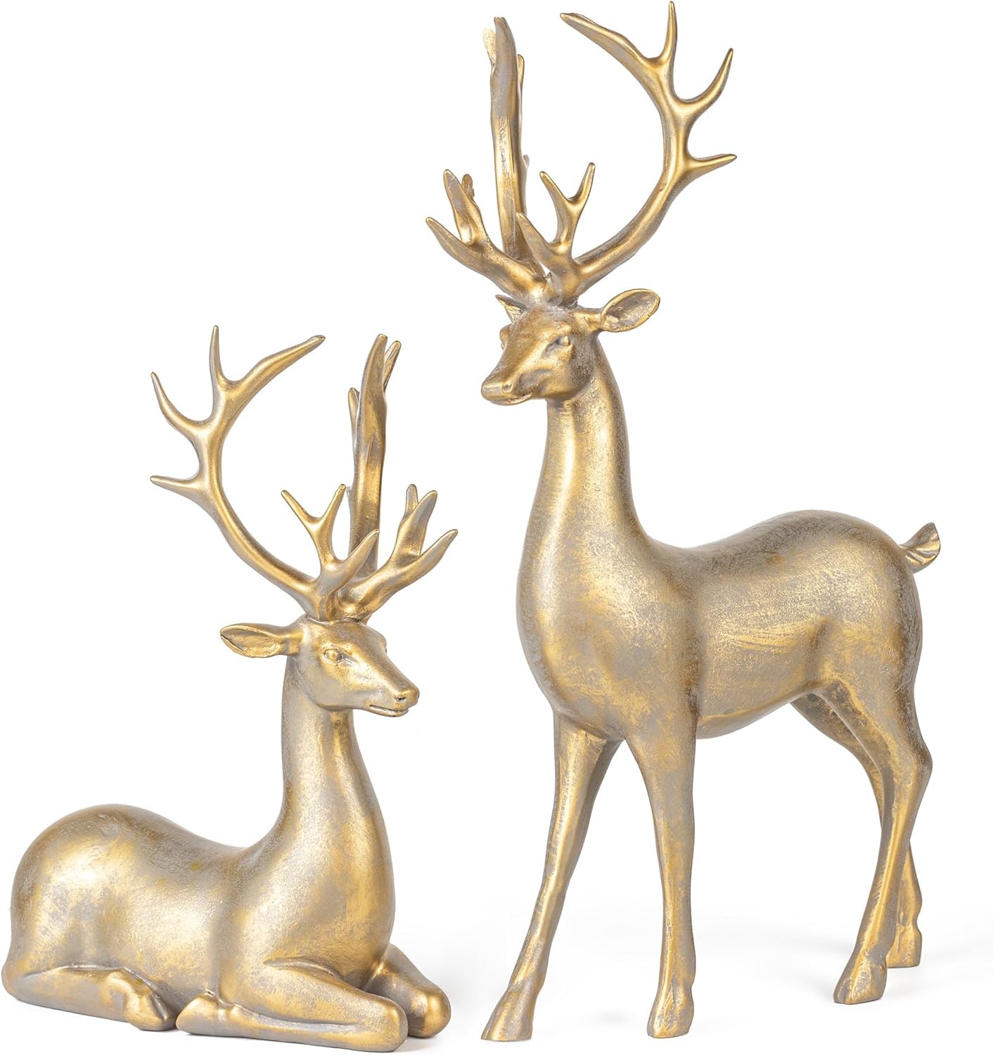 KI Store Resin Standing and Sitting Deer Figurine 12-Inch and 8.2-Inch Set of 2 Reindeer Decorations in Brass Finish for Christmas Decor Display Light Gold