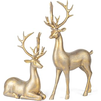 KI Store Pack of 2 Reindeer Animal Figurines Sculptures Statues Decorative Figure Large 20/30 cm Figure Decorative Deer Christmas Reindeer Christmas Decoration Deer Made of Resin Gold