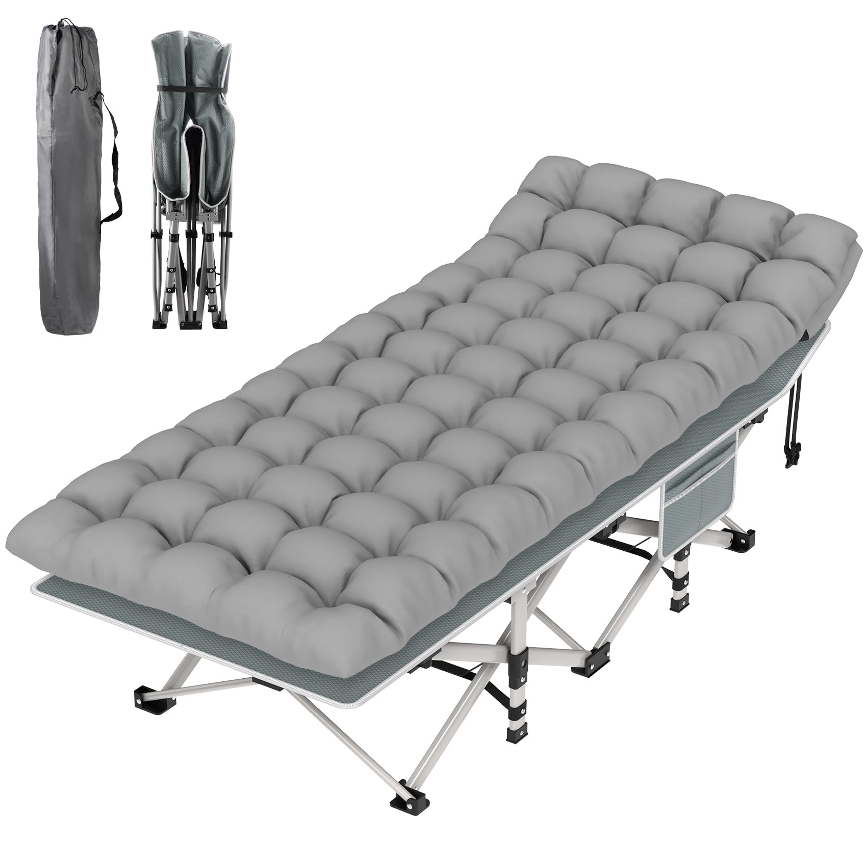 Suteck Camping Cot, Folding Camping Cot Bed for Adults Sleeping 1200D Double Layer Oxford Portable Folding Outdoor Cots for Camping W/Soft Pad Carry Bag for Home Office Nap Beach Travel, 500LBS,GreyRecycled Claim Standard Blended