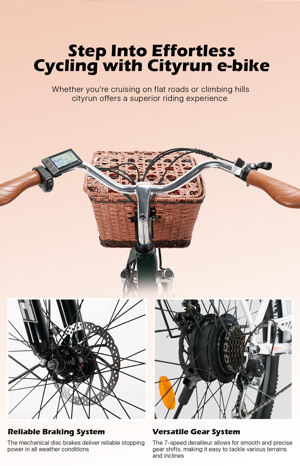 Bici Elettrica Per Adulti Da 26",7 Velocità Shimano Bicicletta Elettrica da 36V 10Ah Batteria Rimovibile Autonomia di 60-80km E-bike Impermeabile Con Cestino Anteriore