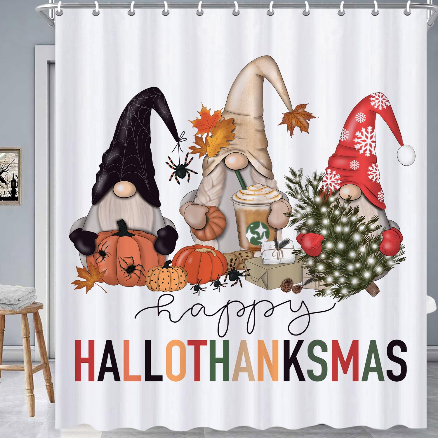Halloween & Fall Shower Curtain Set With Rugs - 6 Piece Waterproof Bathroom Decor (Pumpkin, Ghost, Tree Designs)