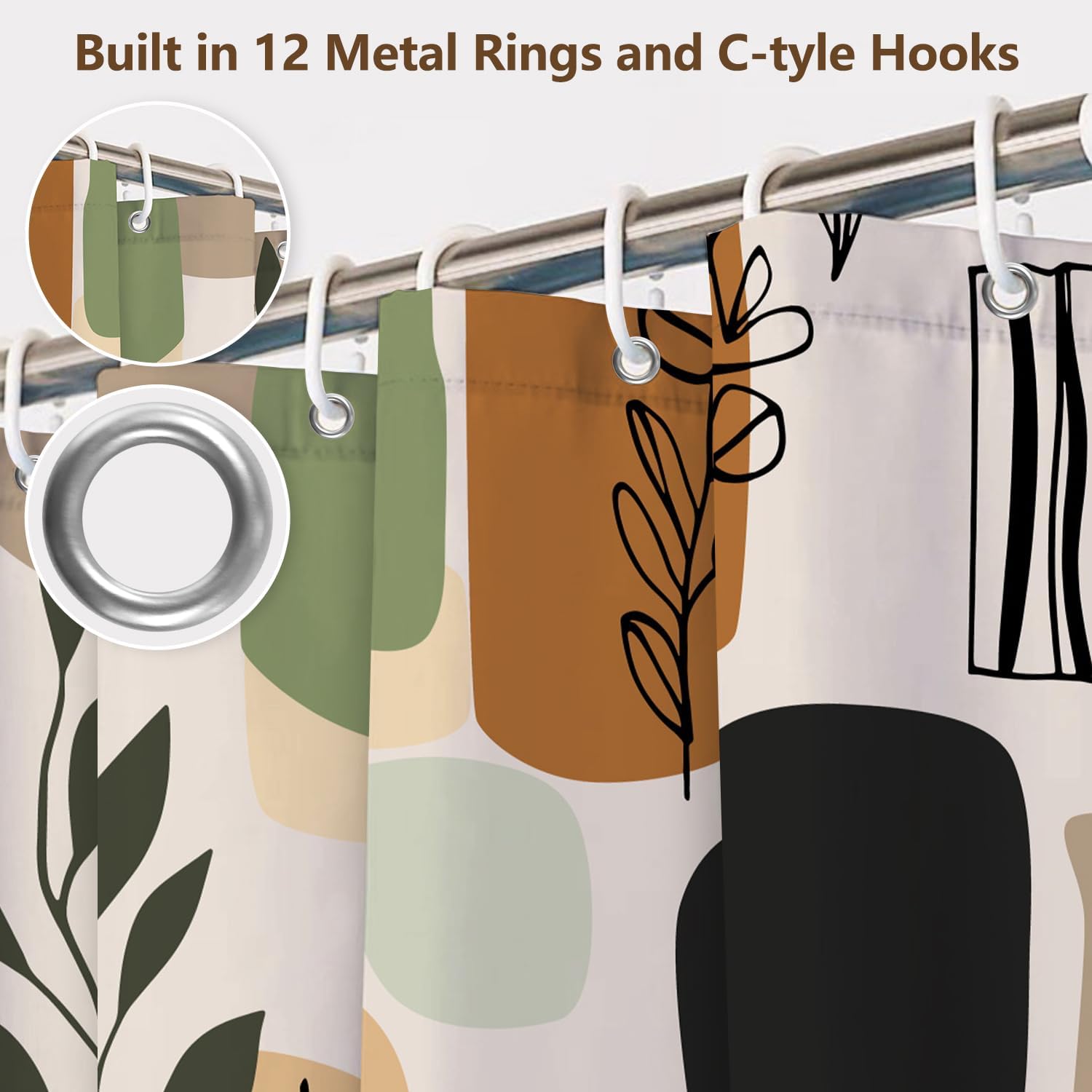 Abstract Geometric Botanical Shower Curtain with Hooks – Mid-Century Modern Boho Shower Curtain for Bathroom Decor, Neutral Waterproof Fabric Bath Tub Curtain, 71x74 Inch