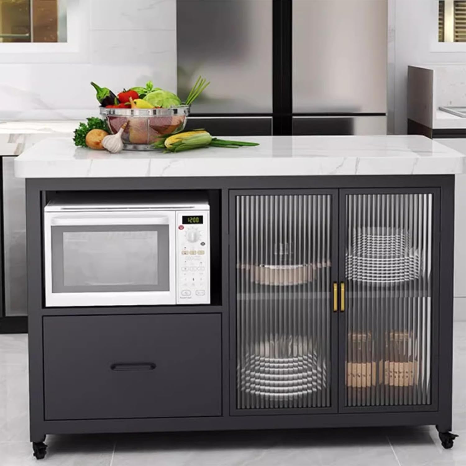 Storage Trolley Kitchen Island Cart Rolling Cabinet Stone Top Metal Frame Mobile Storage Trolley Shelving Organizer(Black,Medium)