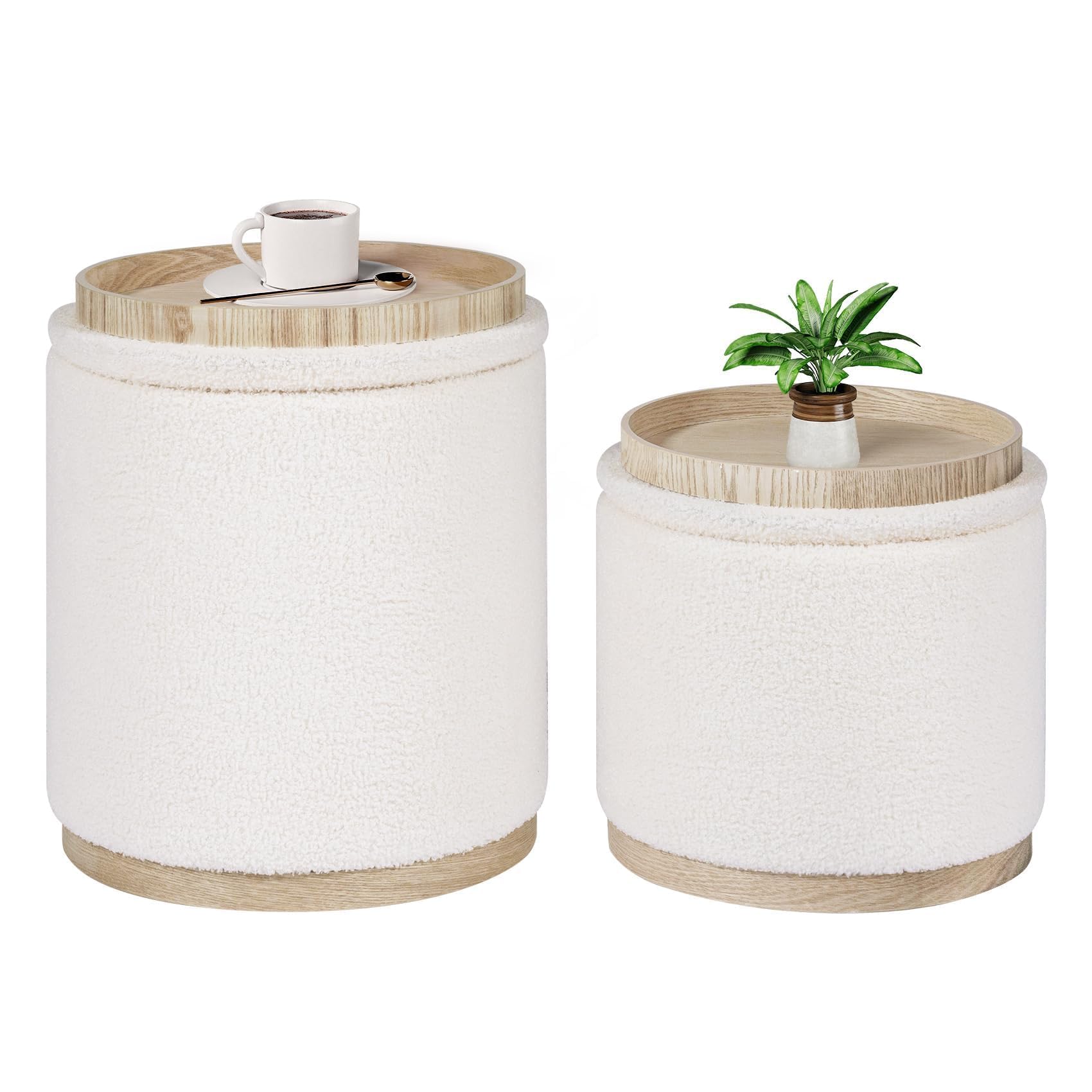 B FSOBEIIALEO Storage Ottoman Round Boucle Ottomans with Tray, Set of 2 Teddy Foot Rest Ottoman Cube with Storage for Living Room, Cream White 15"x15"