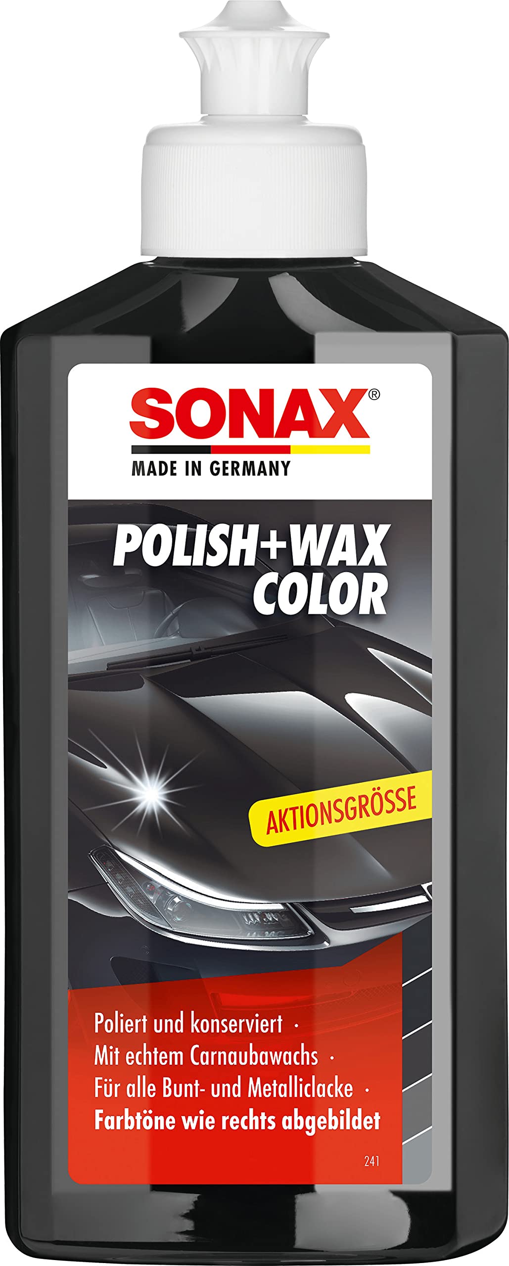 SONAX Polish+Wax Color schwarz (250 ml) Mittelstarke Politur für neuwertige und leicht matte Lacke mit Farbpigmenten und Wachsanteilen | Art-Nr. 02961410