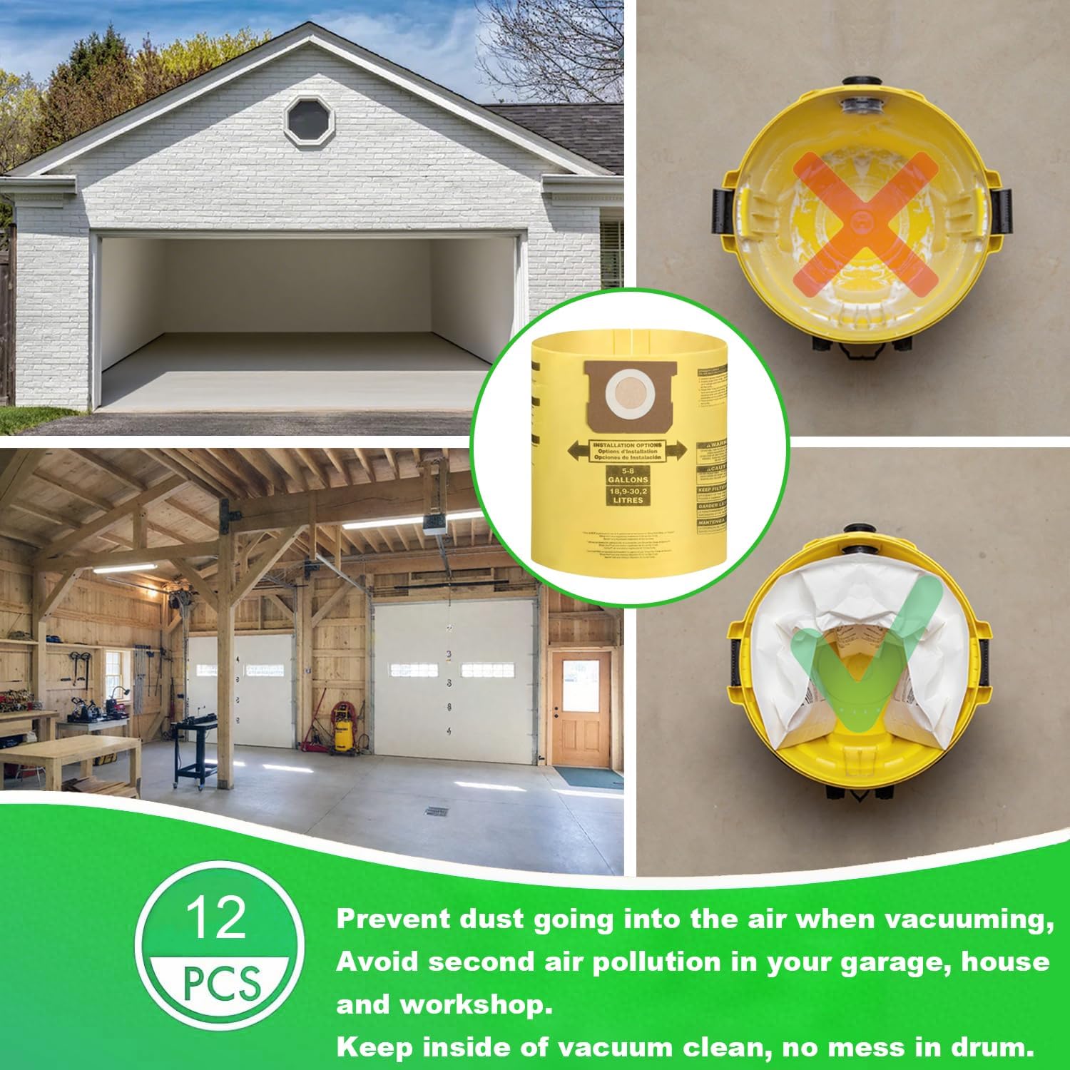 Pack 12(10+2) Shop Vac Bags 5-8 Gallon, 90671 9067133 Type H, 90661 9066133 Type E, VF2004, VHBS, VDBS High-Efficiency Disposable Collection Filter Bags, 90107 Dry Reusable Vacuum Filter Kit