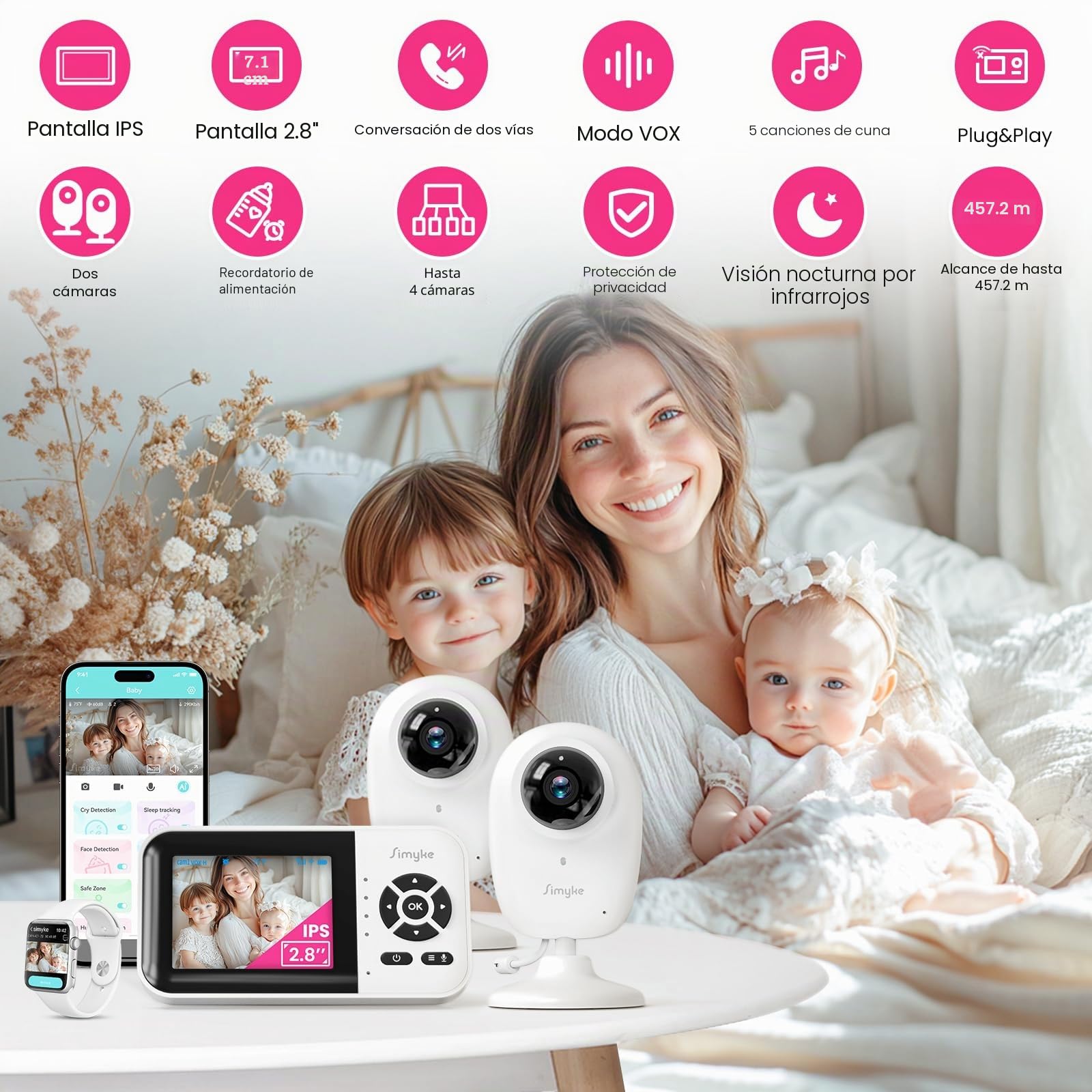 Simyke Smart BabyMonitor, 2 cámaras de 1080p, interruptor de encendido/apagado WiFi, pantalla de 2.8 pulgadas o acceso remoto WiFi, visión nocturna, alcance de 1500 pies, conversación bidireccional,