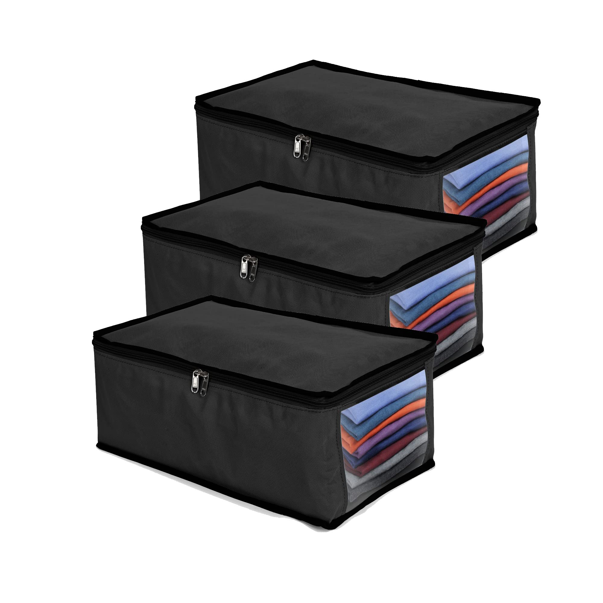 DOUBLE R BAGS Shirt Organizer for Men | Foldable Clothing Storage Box | Closet Organizer for Shirts, T-Shirts & Jeans | Wardrobe Organizer (Black, Pack of 3, 42x27x17 cm, 1 Compartment)
