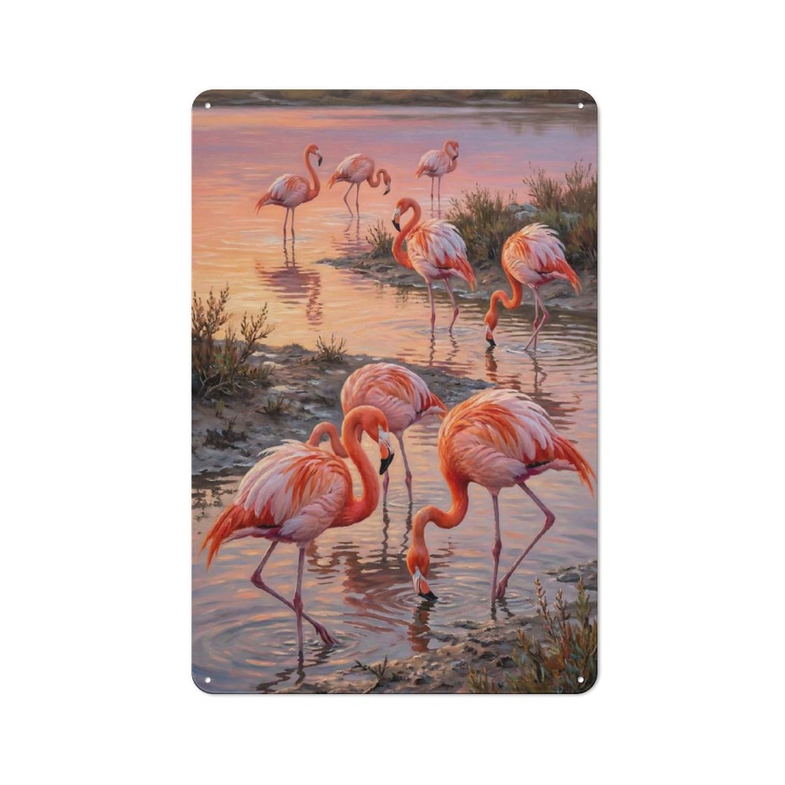 Junmoney Style-19 Flamingos In Water At Sunset Barn Style Metal Wall Decor 30X20cm, Country Metal Sign For Kitchen, Cottage, Porch Or Garden Room