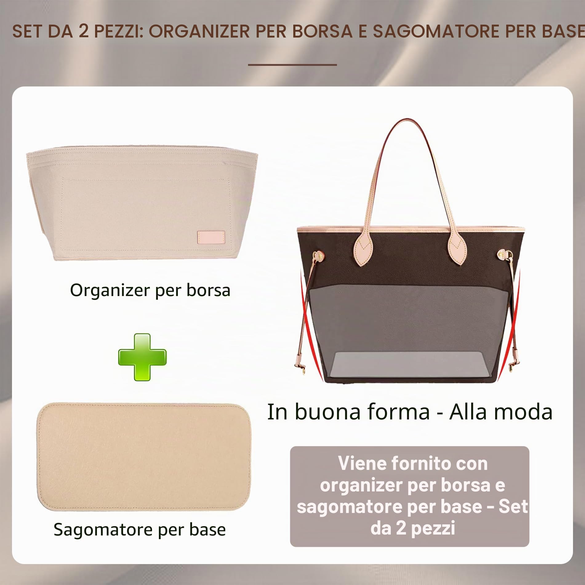 Doxo, Set di 2 organizer per borse e base sagomata, organizer in feltro con cerniera, misura L, 7 misure, adatto per Speedy, Neverfull MM/City33 e altre (combinazione beige, L)