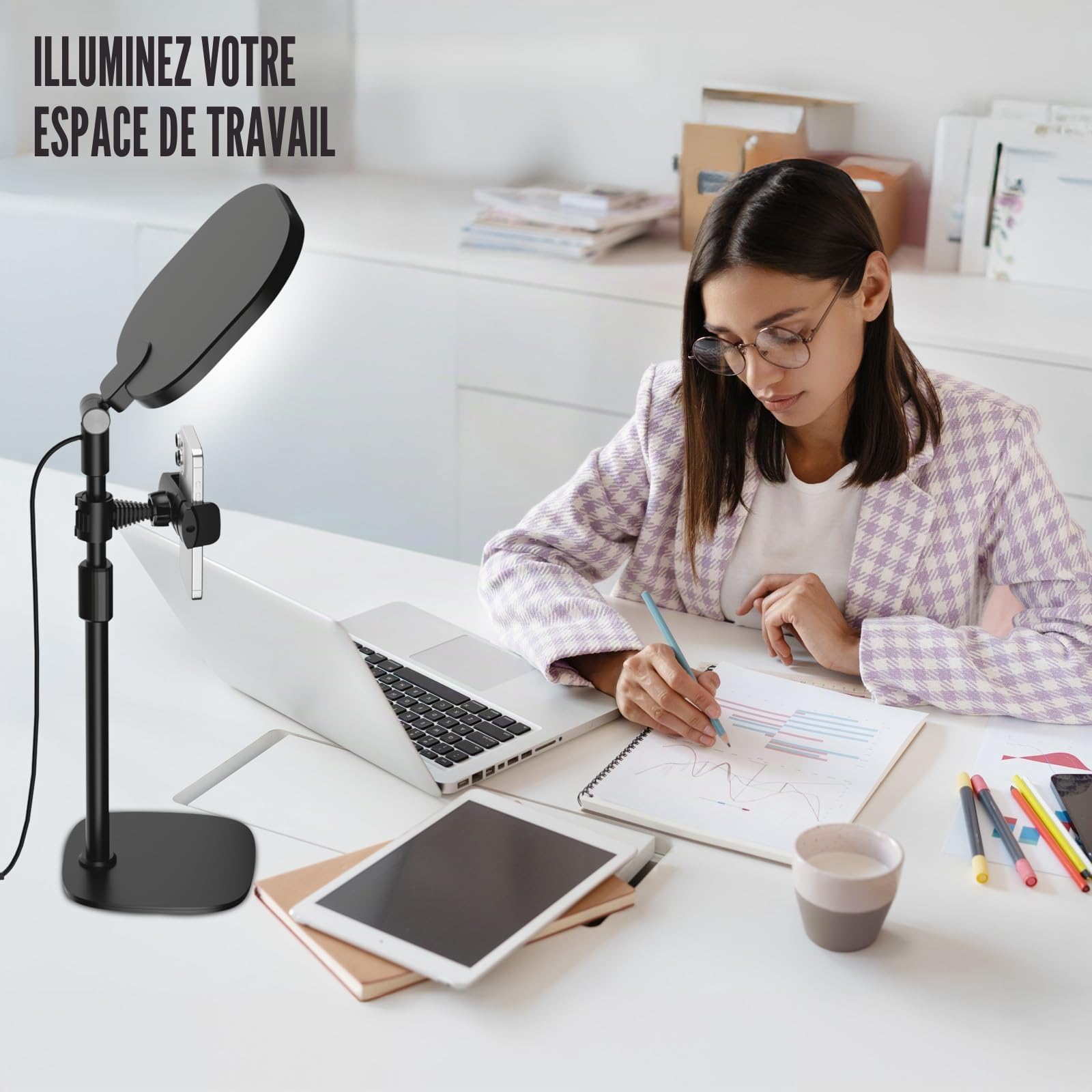 Lampe Anneau Vidéo LitONES pour Réunions Zoom - Éclairage de Bureau à Fixation PC/Téléphone avec Support - Lumière Dimmable pour Télétravail, Enregistrement, Appels Vidéo et Webcam