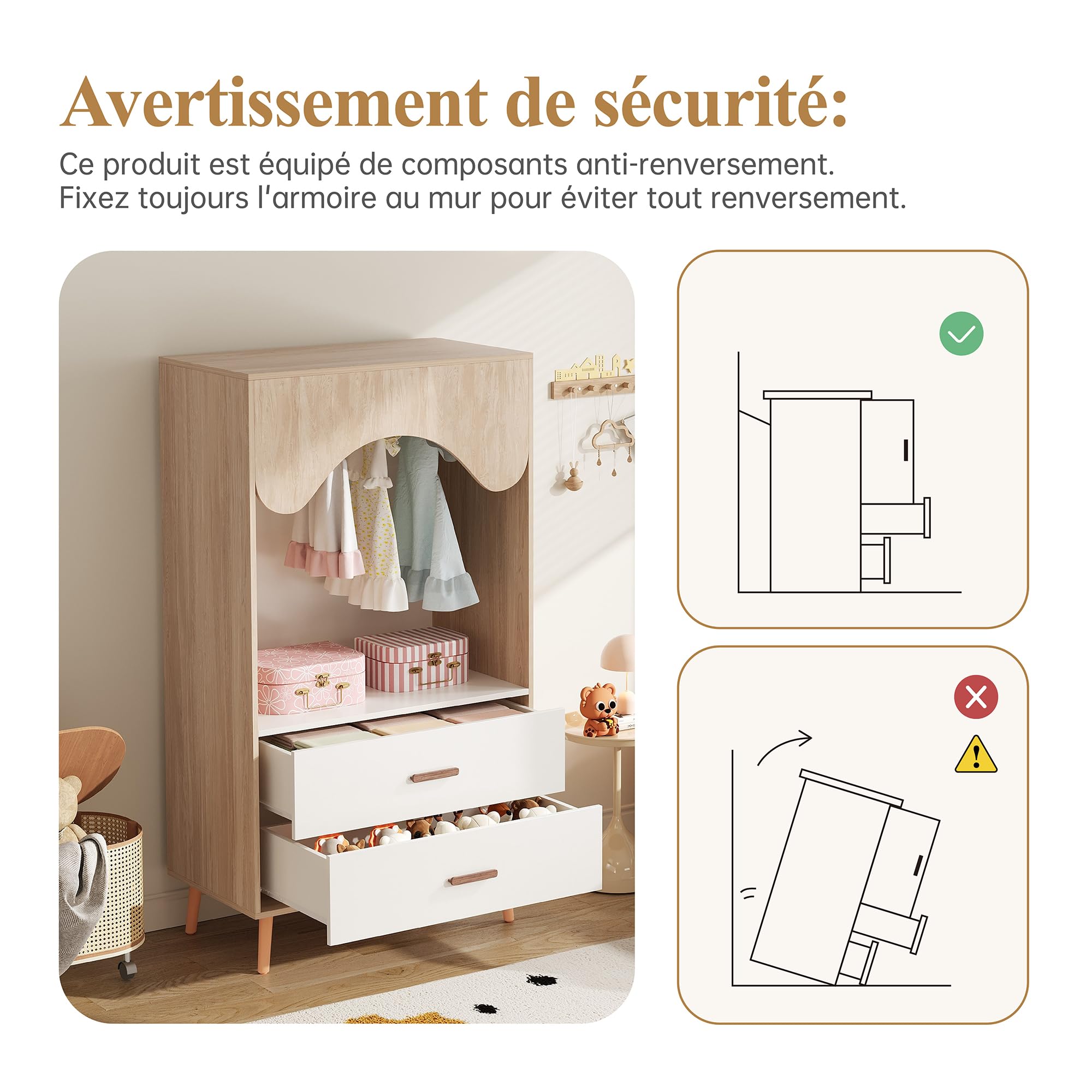 Armario infantil con barra para colgar, diseño abierto, asas de madera natural, acabado de madera natural, 80 x 46 x 141,5 cm, elegante solución de almacenamiento para ropa y juguetes infantiles