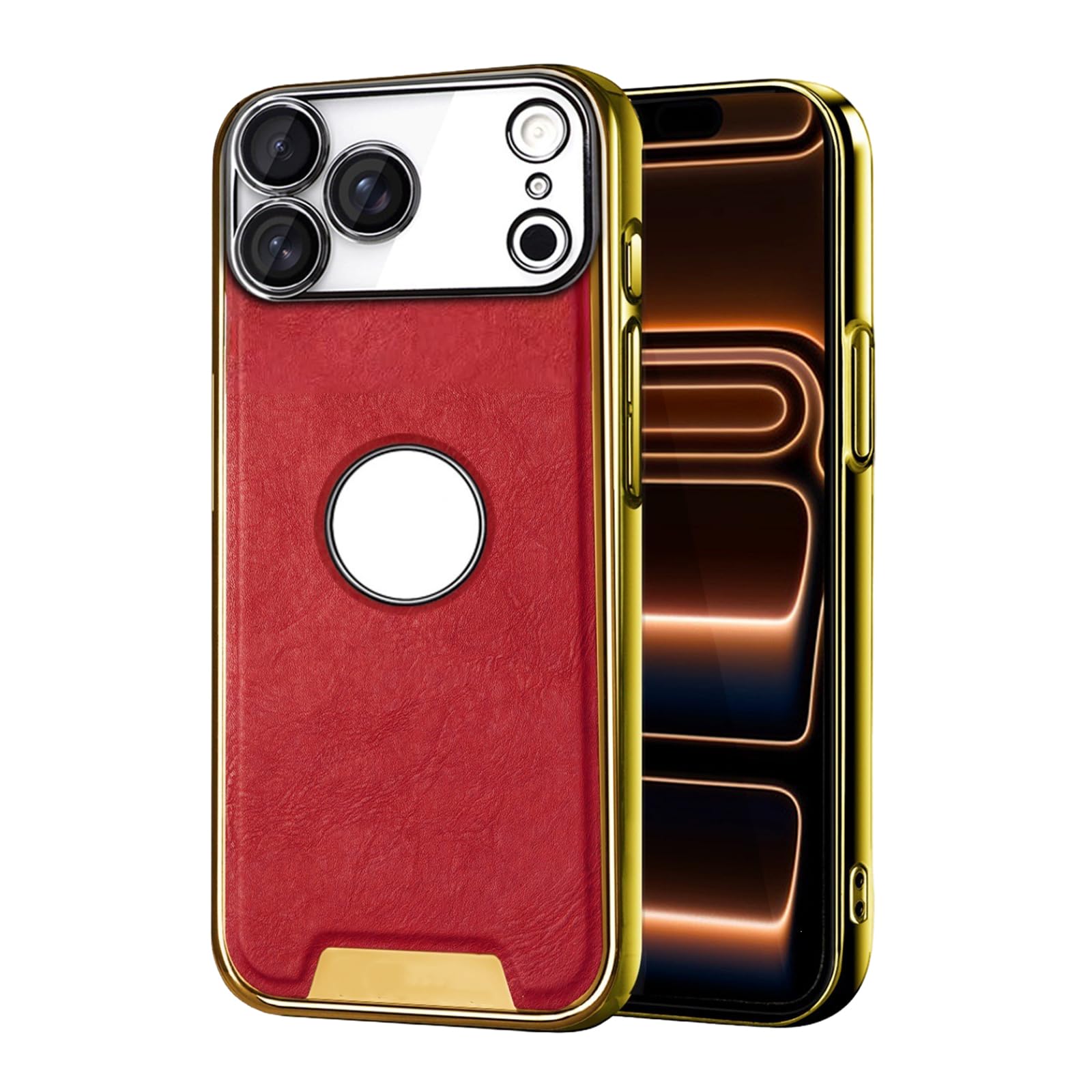 MFAOSHI Slim Case for iPhone 17 Pro Max/17 Pro/17 Air/17, Luxury Business Electroplated Leather Cover with Logo View Camera Protection Case,Red,17 Pro