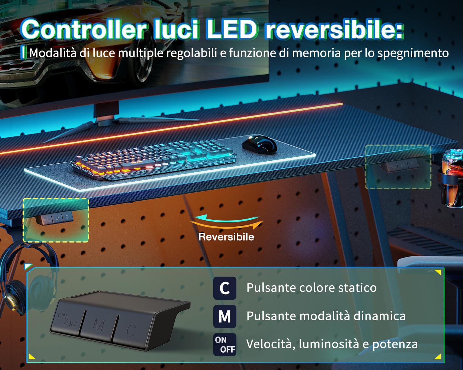 ODK Scrivania Gaming con LED, 80 × 50 cm Tavolo Gaming con Portabicchieri e Gancio per Cuffie, Scrivania Computer con Design a Doppia Z Fibra di Carbonio Nera