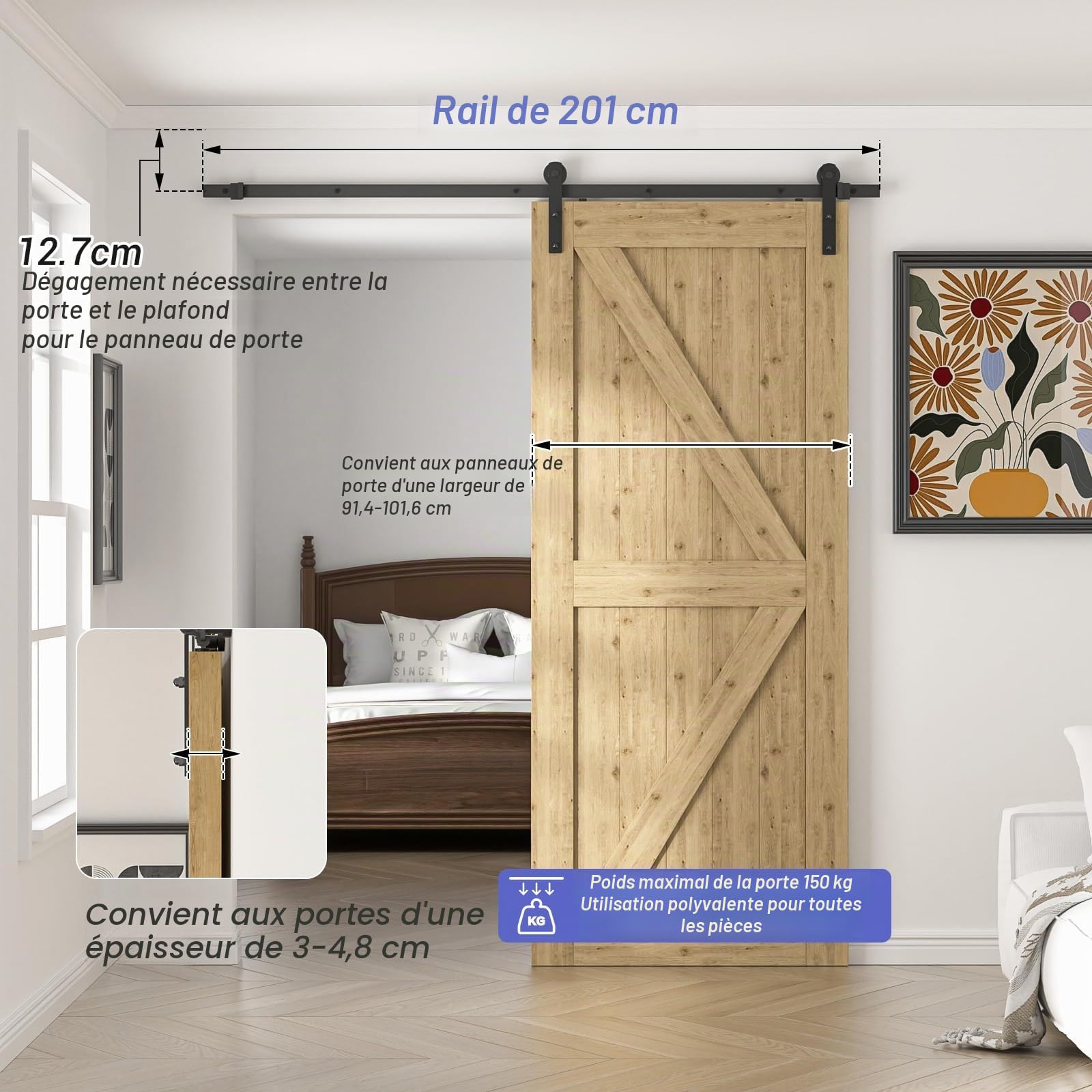 TSMST Kit de rail coulissant pour porte de 202 cm/6.7 pi, ensemble complet pour portes coulissantes, kit de rail noir, convient pour une seule porte en bois, forme en J