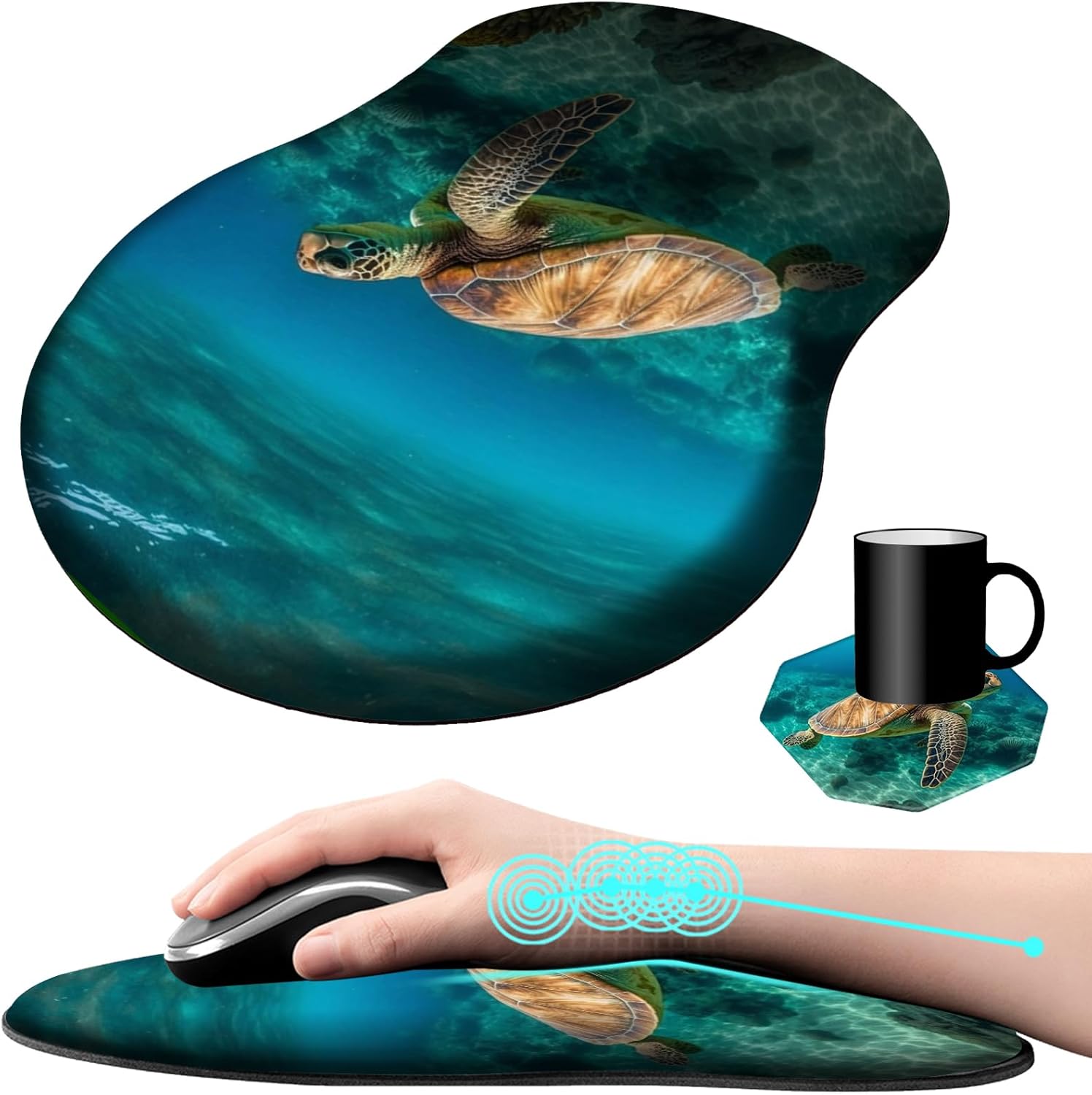 Mouse Pad with Wrist Support Gel Cute Sea Turtle Pattern Design Ergonomic Gaming Mousepad with Wrist Rest for Laptop Computer Home Office Working Mouse Mat + A Cute Coffee Pad