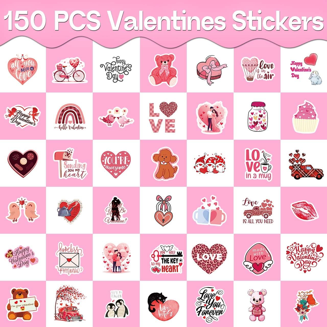 150 PCS Valentines Day Stickers, Romantic Vinyl Heart Stickers Pack, Love Stickers for Water Bottle, Laptop, Party Favors, I Love You Stickers for Adults, Teens, Girls, Kids