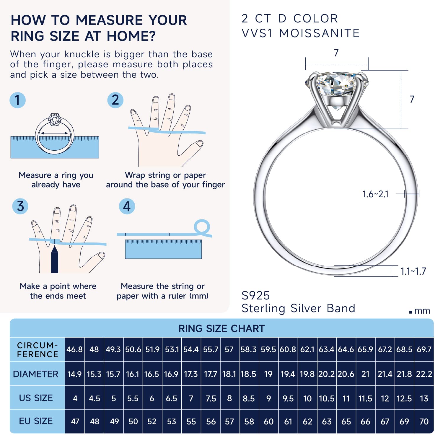 MomentWish Moissanite Anello Donna, 1/2 Carato Anello Solitario Fidanzamento Anelli Donna VVS1 D Colore Eternità Argento 925 Regalo di nozze per Donna