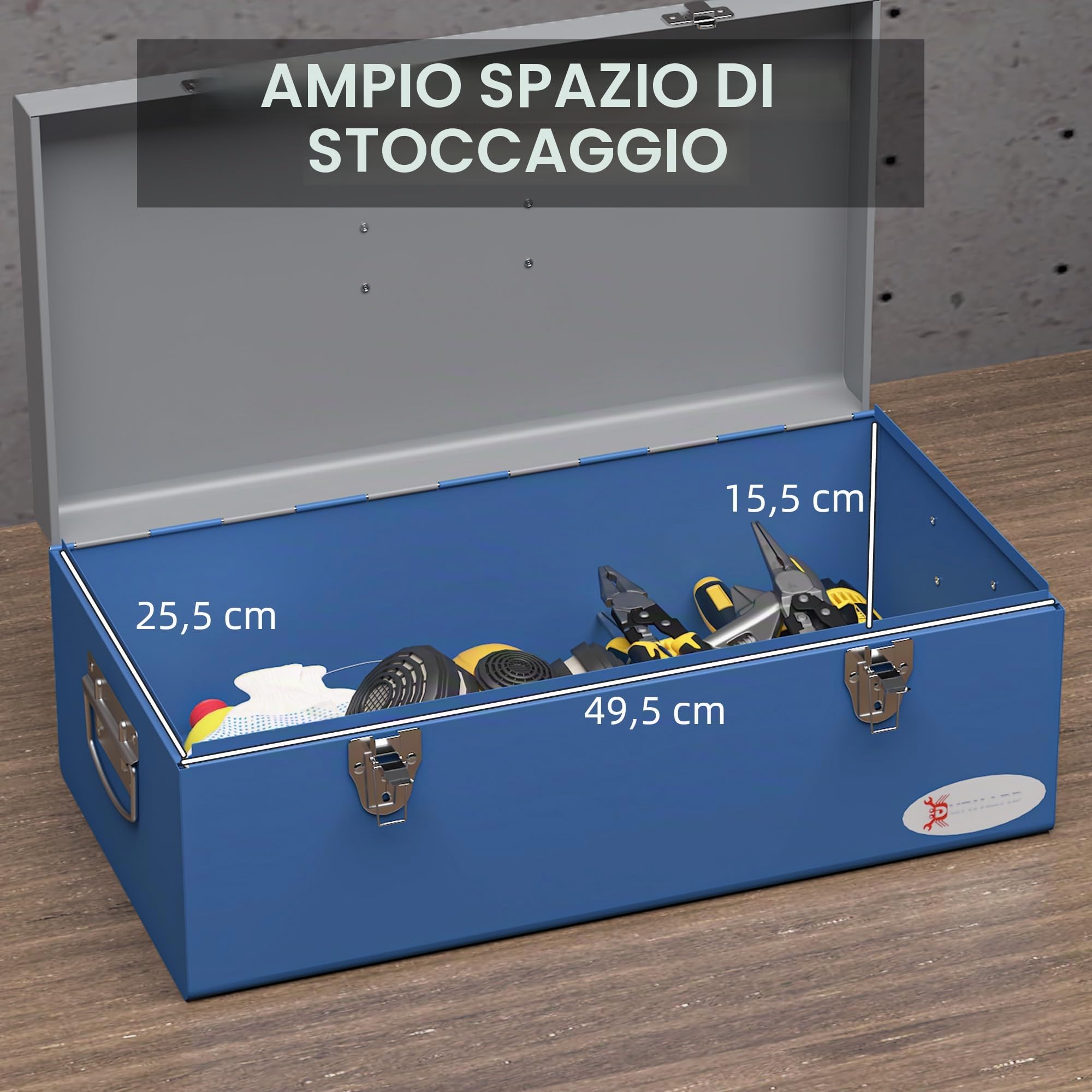 DURHAND Cassetta attrezzi portatile in metallo 50x26x18,5 cm blu | 3 maniglie, 2 chiusure.
