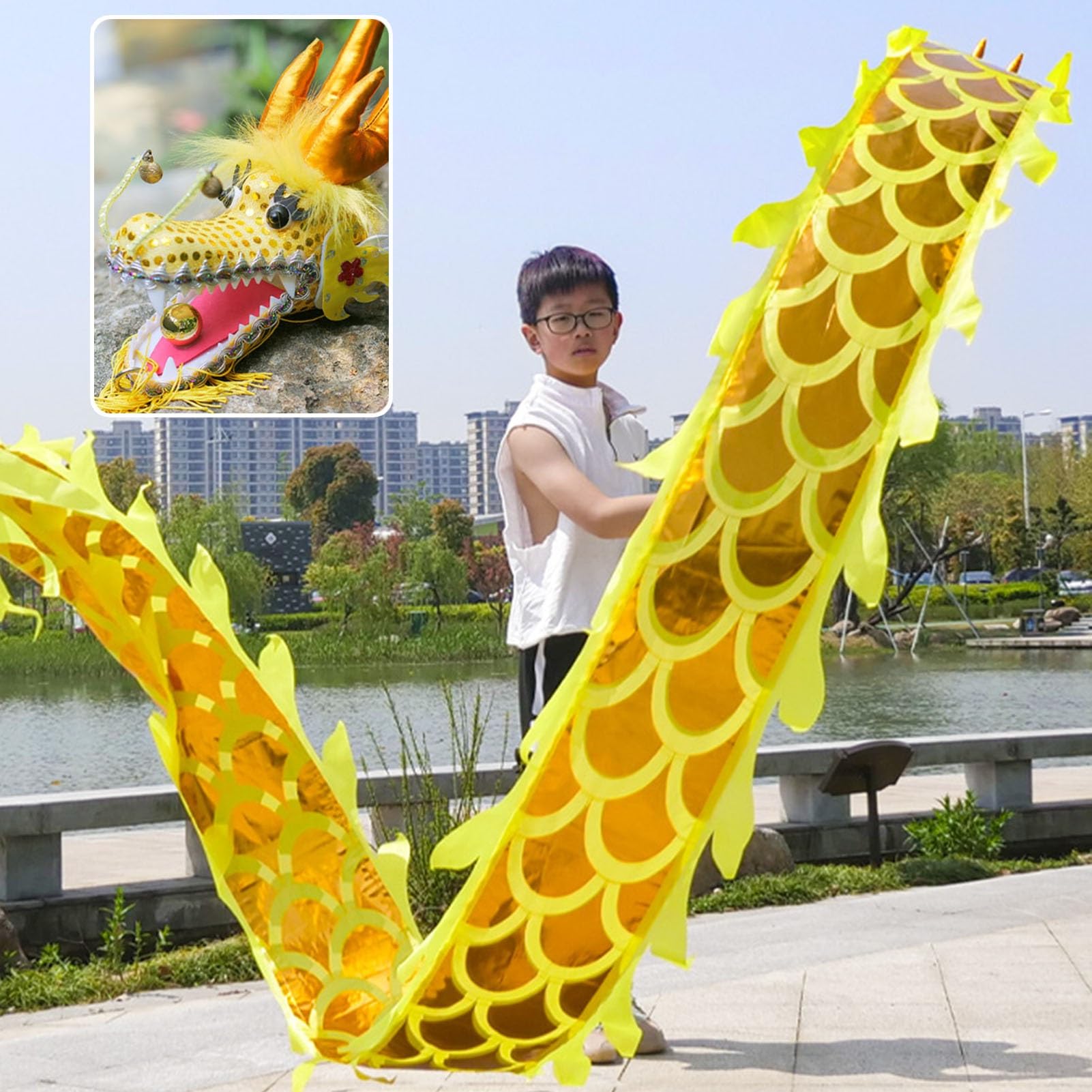 ALANIZ Dragon Poi Kids/Beginner Small Size Dragon Poi, Outdoor Fitness Dragon Design Spinning & Shaking Poi, Real-Like Dragon Flinging Ribbon with Dragon Head(Yellow,5 m (16.4 ft))