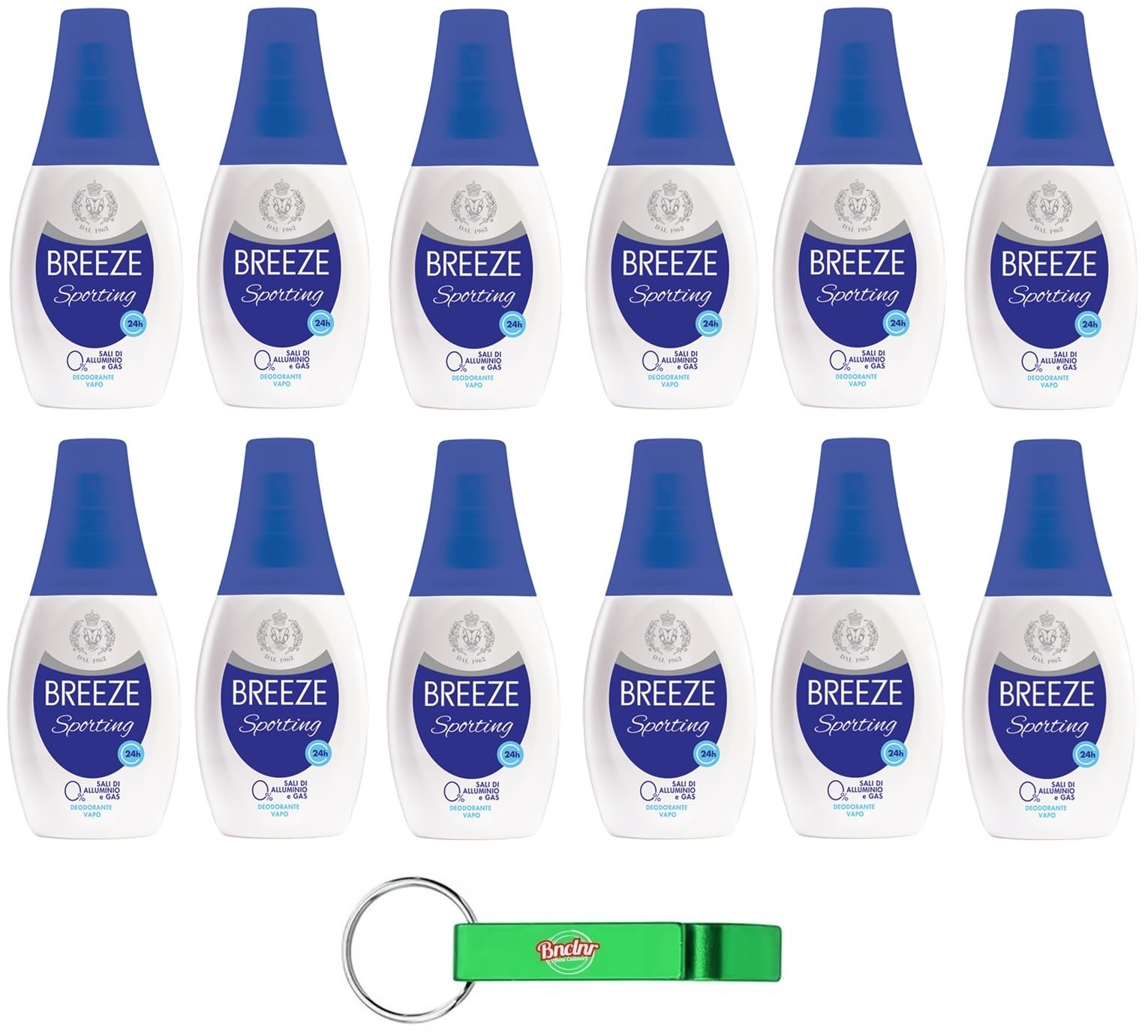 12x Breeze Sporting Deodorante Deo Vapo 0% Sali di Alluminio e Gas 75ml + Portachiavi Beni Culinari in Omaggio
