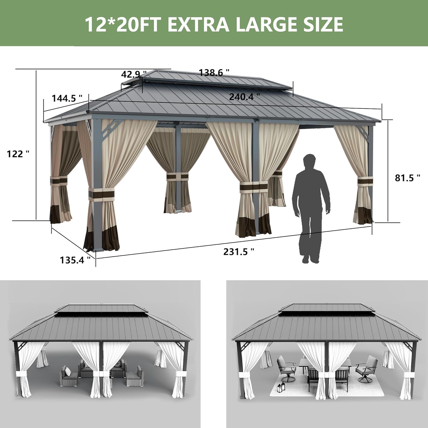 Kullavik 12' x 20' Hardtop Gazebo,Outdoor Galvanized Steel Metal Double Roof Gazebo with Curtains and Netting for Patios,Gardens,Lawns,Sand