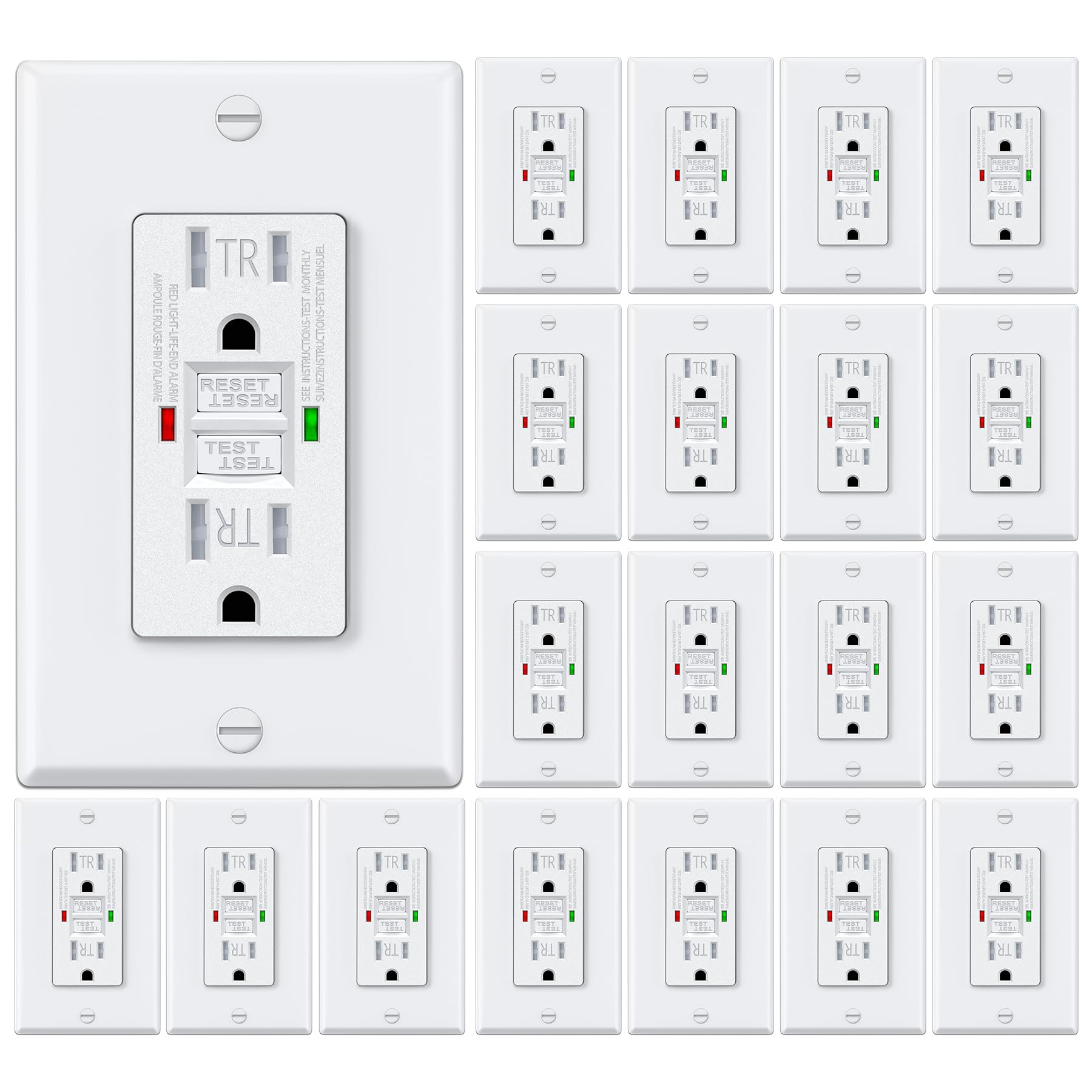 ELECTECK 20 Pack GFCI Outlets 15 Amp, Tamper Resistant (TR), Self-Test GFI Receptacles with LED Indicator, Ground Fault Circuit Interrupter, Decor Wallplate Included, UL Listed, White