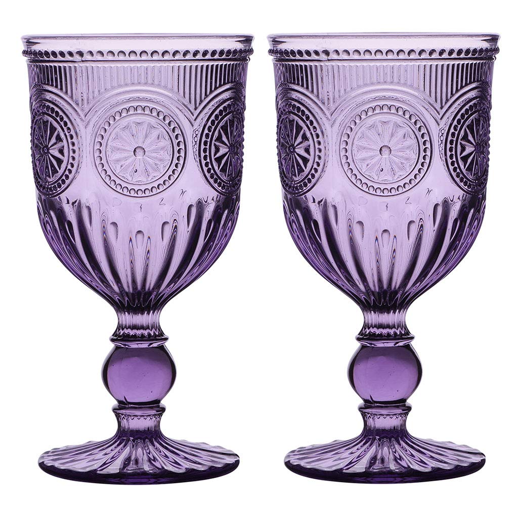 Dibor Wine Glasses Set of 2 Purple Embossed 300ml Drinking Goblets Alfresco Dining Glassware